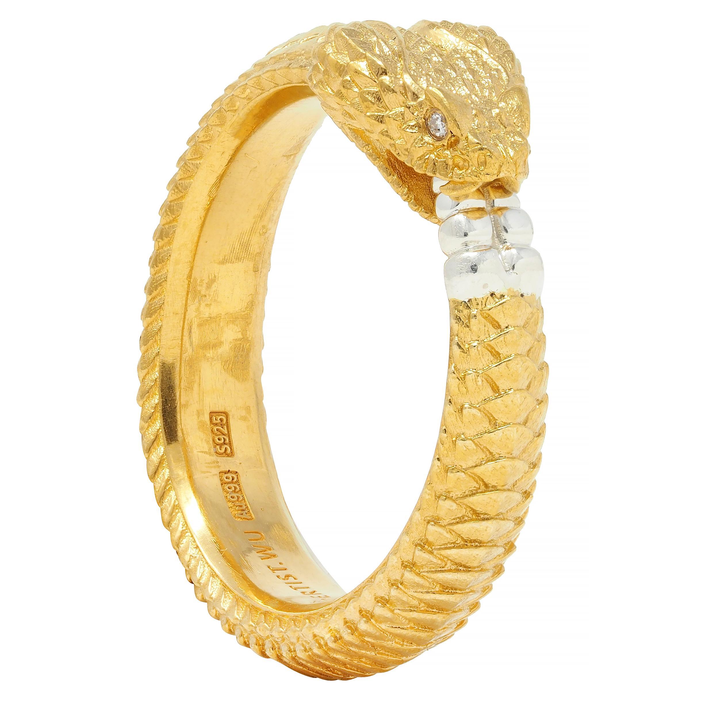 Contemporary Diamond 24 Karat Yellow Gold Sterling Silver Ouroboros Snake Ring For Sale 6