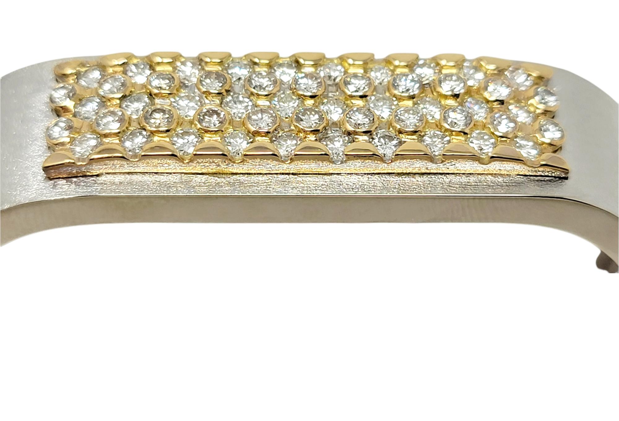 Round Cut Contemporary Diamond 5 Row Cuff Bracelet in Brushed 14 Karat Two Tone Gold For Sale