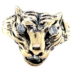 Bague de déclaration contemporaine en or jaune 14k et diamant Tête de Tigre