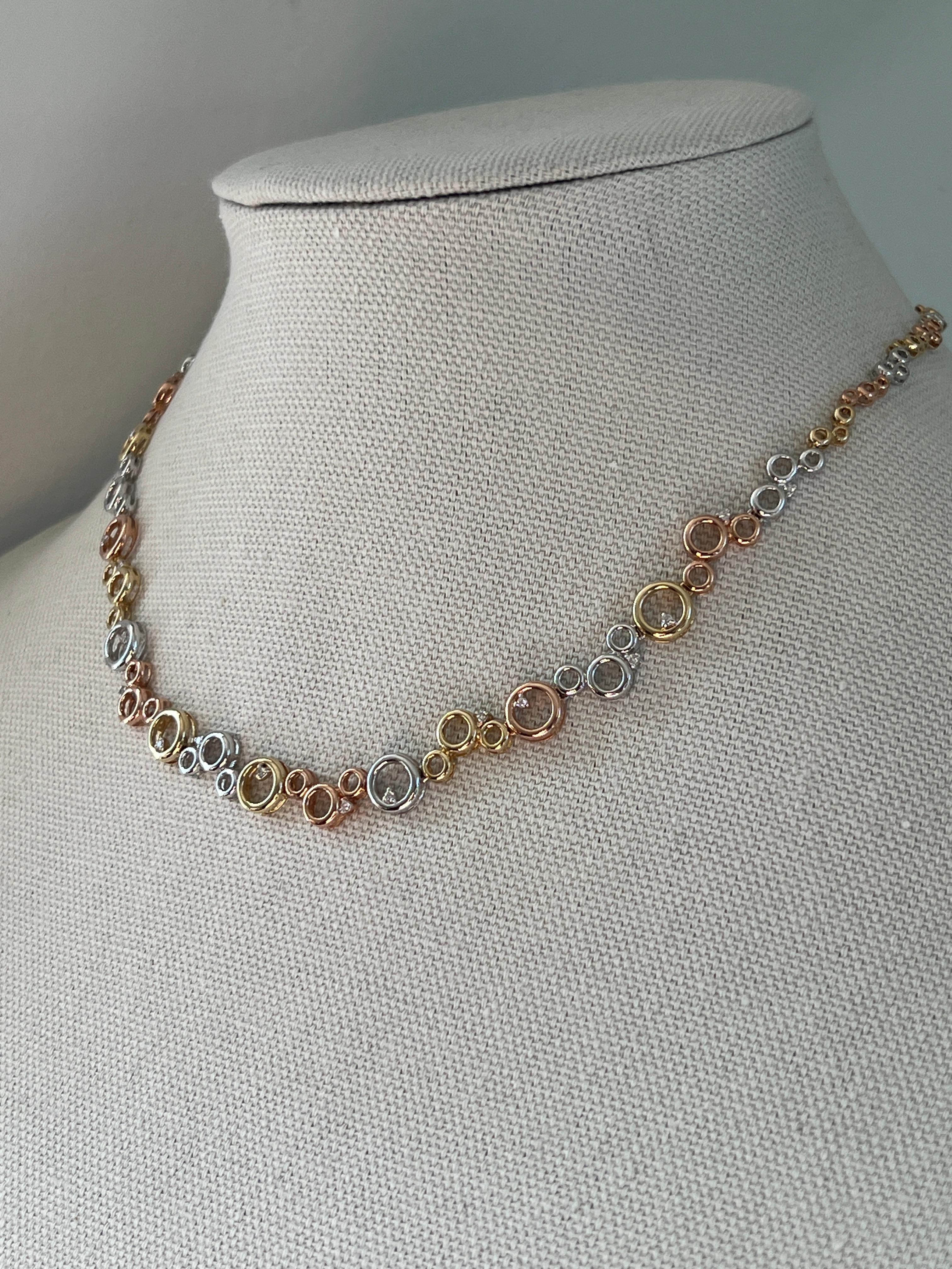 Round Cut Contemporary Diamond and 14k Yellow, White and Rose Gold Circle/Bubble Necklace For Sale