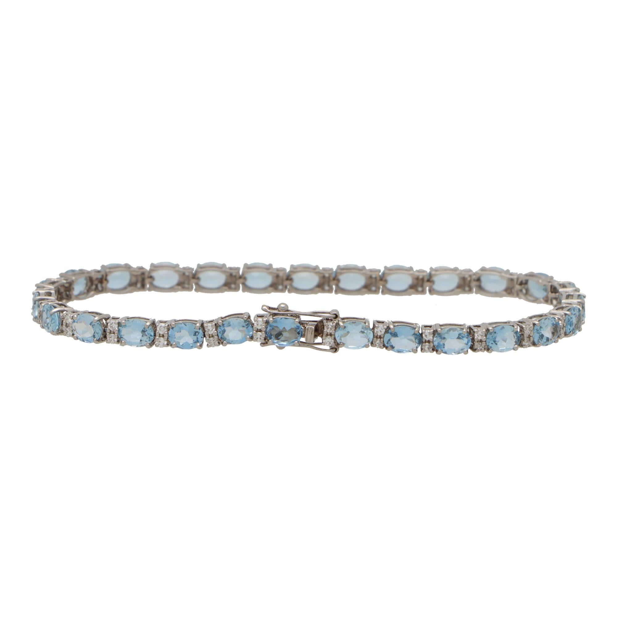 Oval Cut Contemporary Diamond and Aquamarine Bracelet in 18k White Gold For Sale
