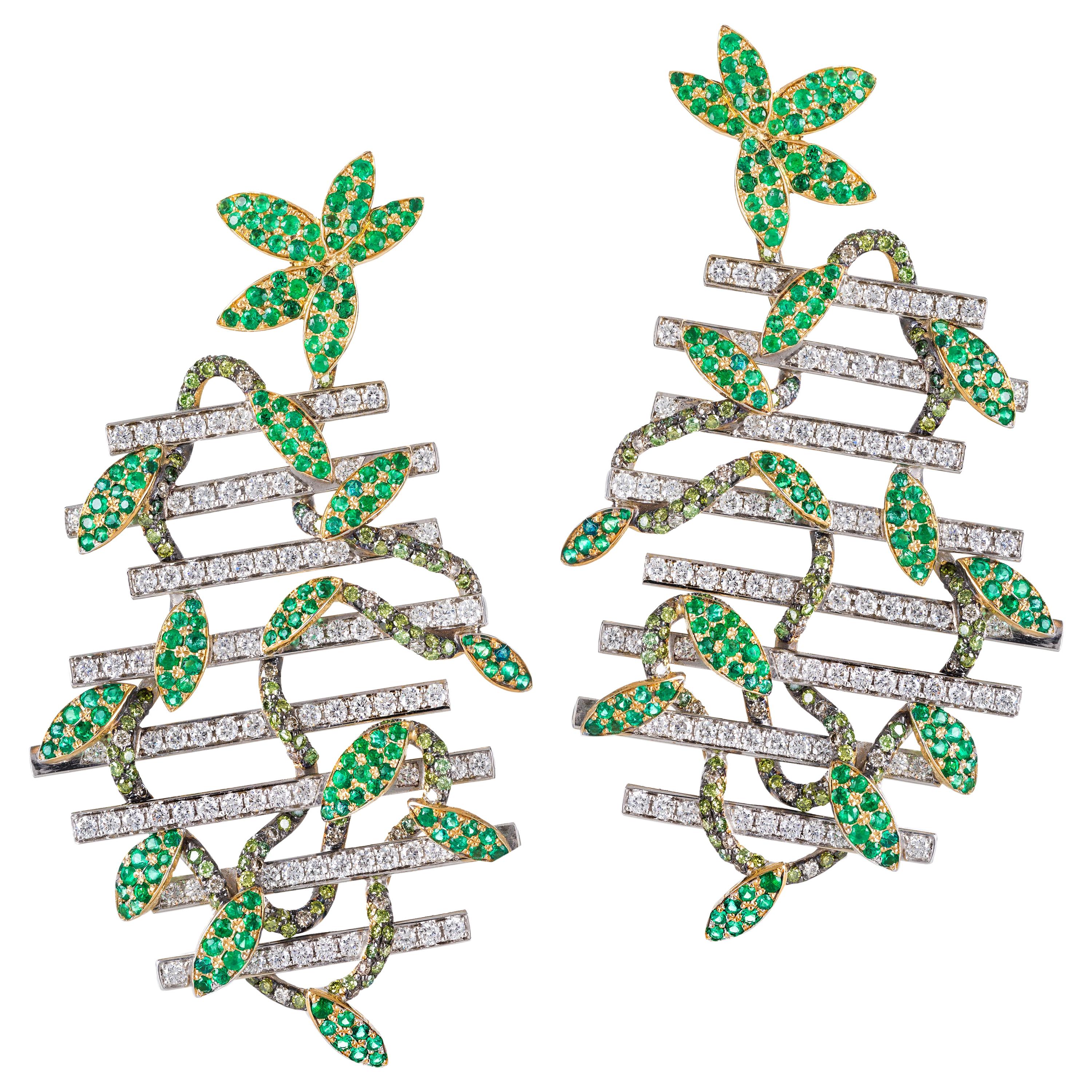 Rosior one-off Diamond and Emerald Dangle Earrings set in White and Yellow Gold