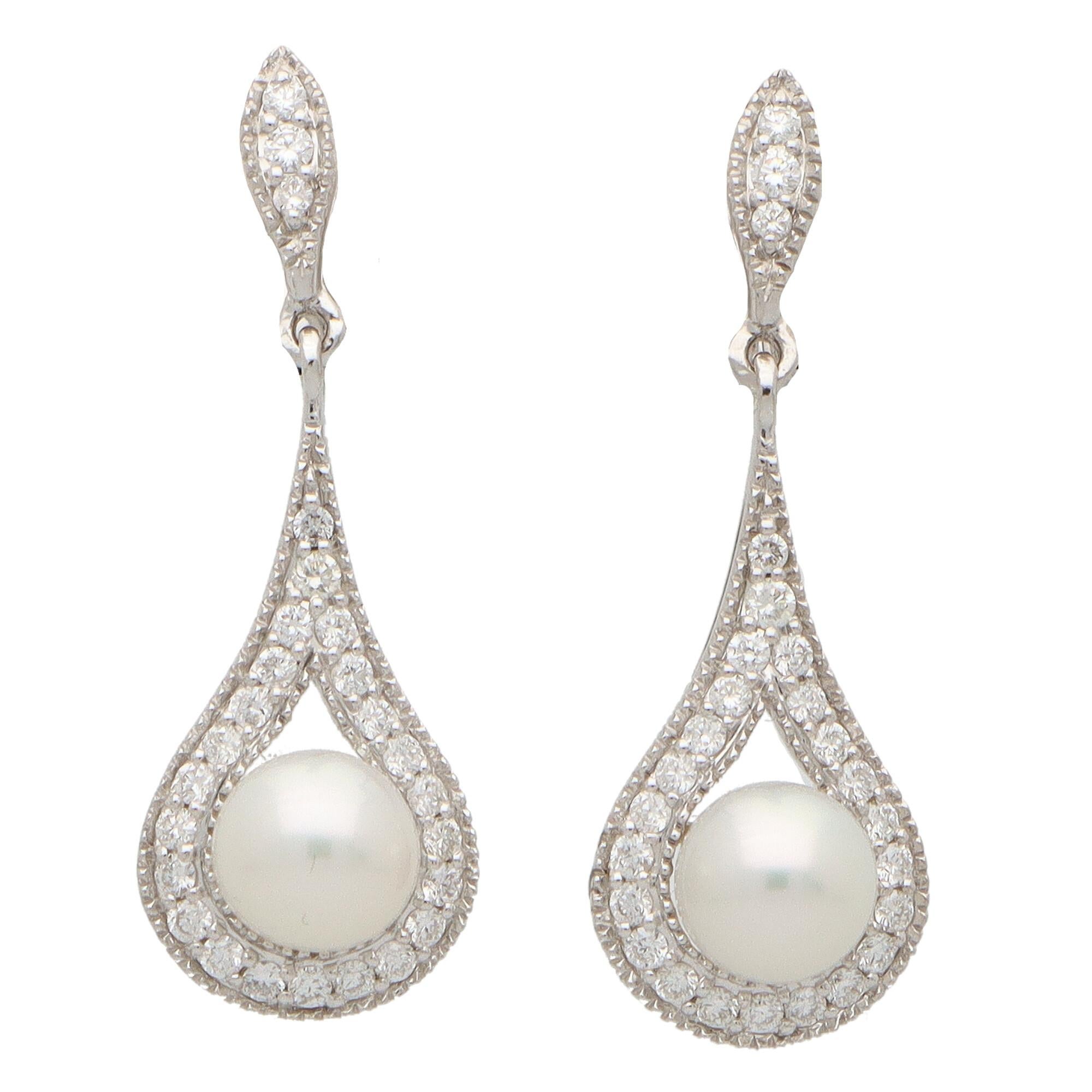 Modern Contemporary Diamond and Pearl Drop Earrings Set in 18k White Gold