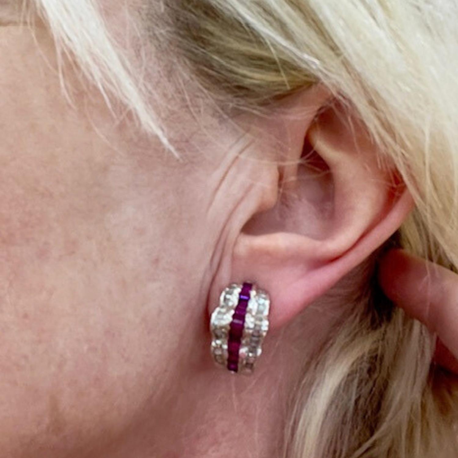 Trapezoid Cut Contemporary Diamond and Ruby 18K Gold Earrings