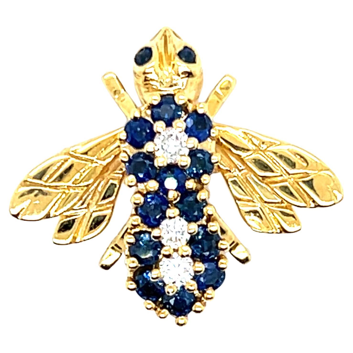 Contemporary Diamond and Sapphire 18k Yellow Gold Bee Brooch 1980s