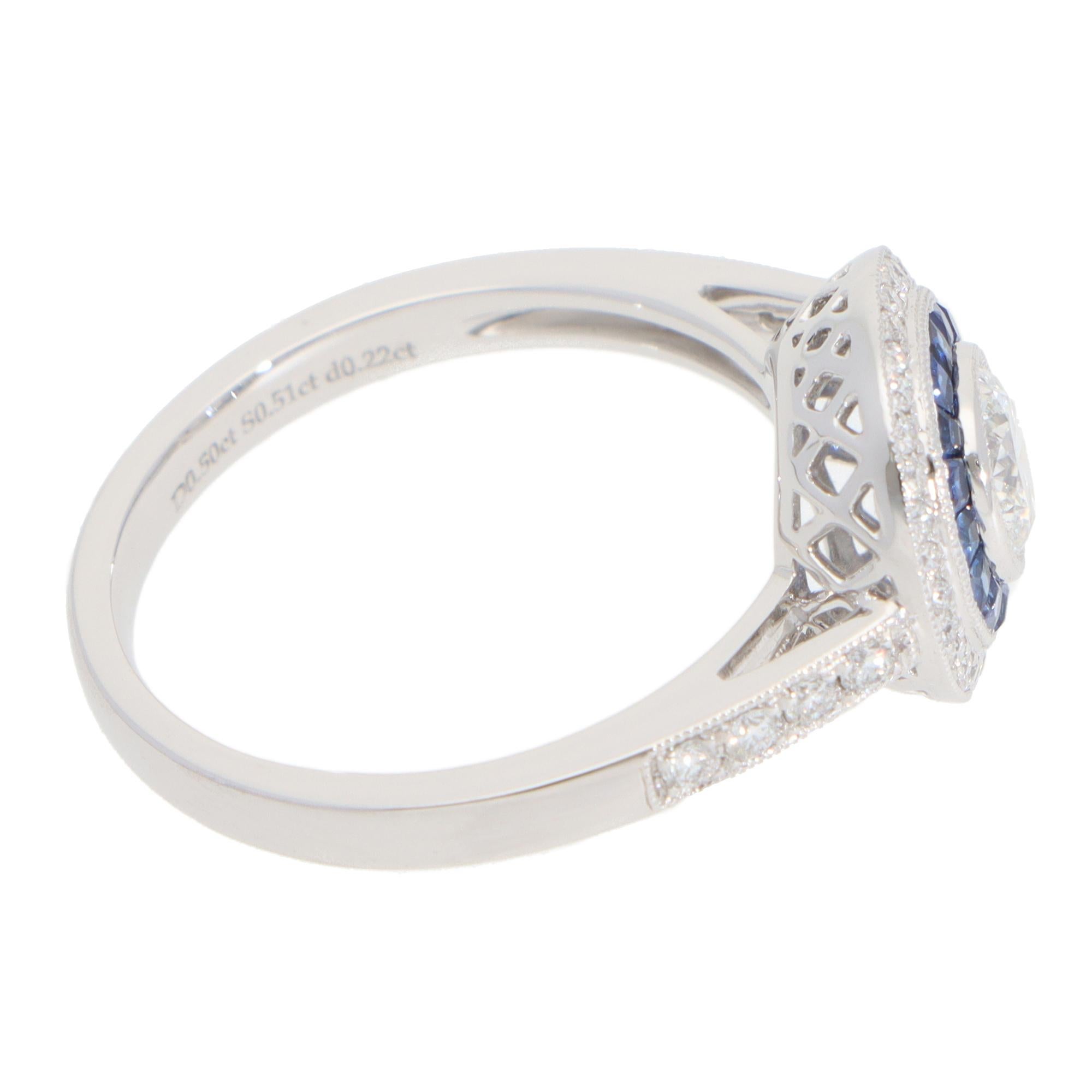 Brilliant Cut Contemporary Diamond and Sapphire Double Target Ring in Platinum