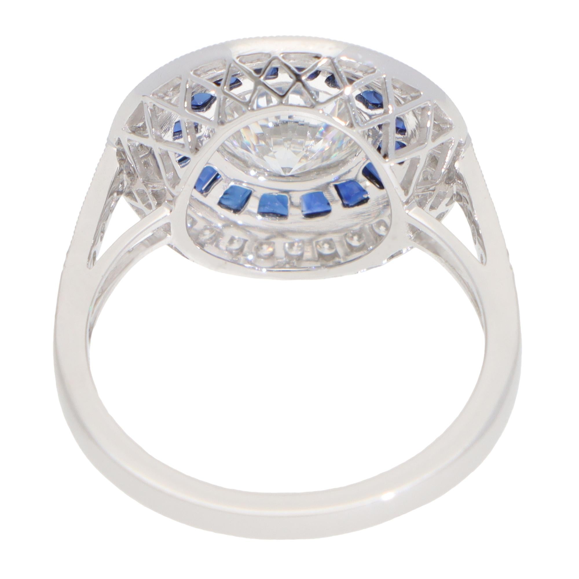 Brilliant Cut Contemporary Diamond and Sapphire Double Target Ring in Platinum For Sale
