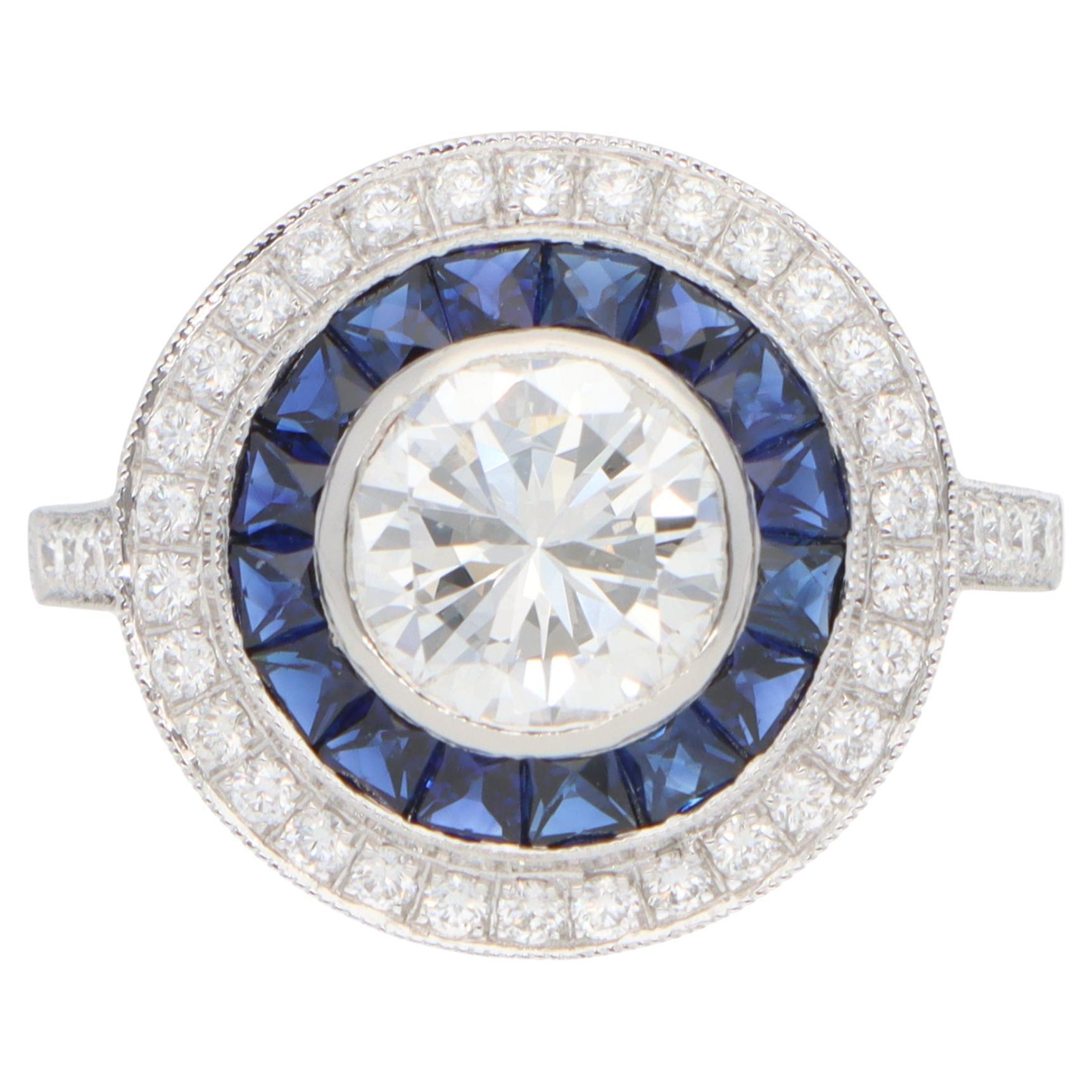 Contemporary Diamond and Sapphire Double Target Ring in Platinum For Sale