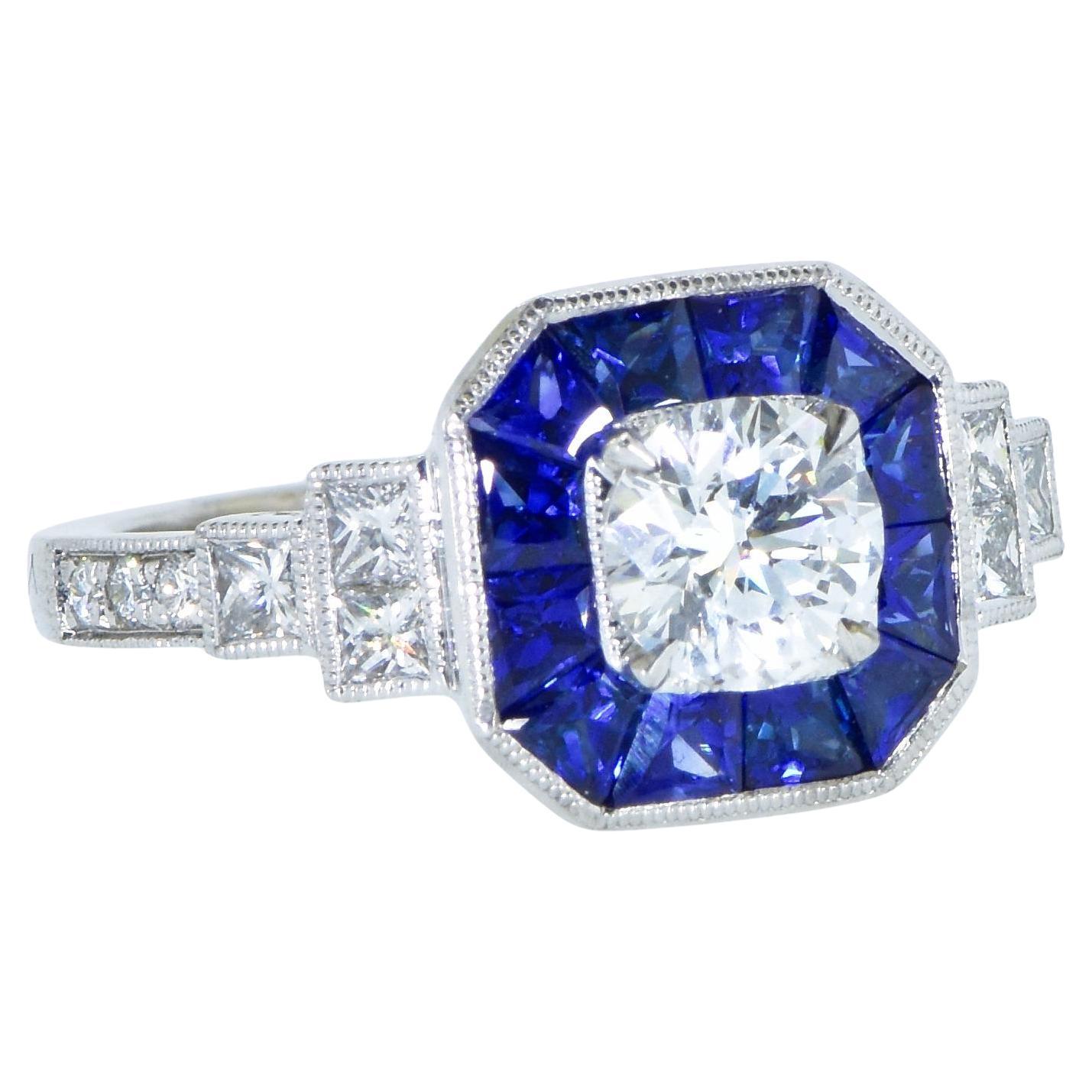 Contemporary Diamond and Sapphire Fine White Gold Ring, Pierre/Famille