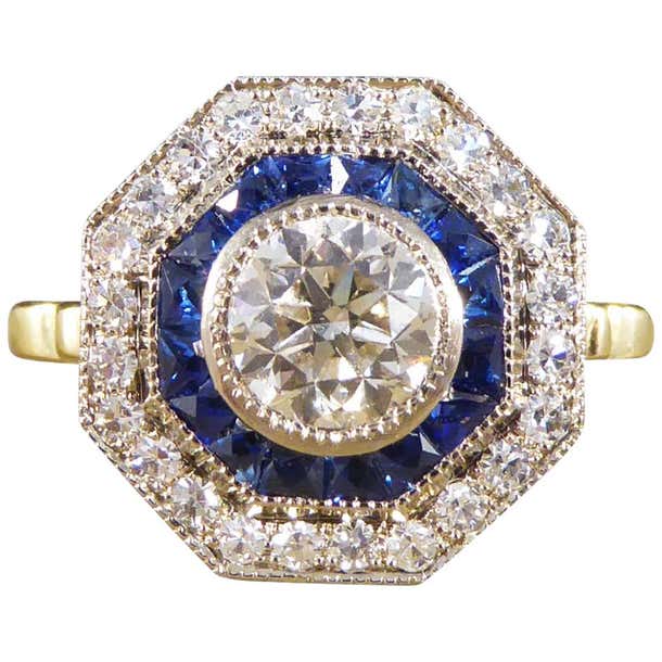 Contemporary Diamond and Sapphire Target Ring Modelled in 18 Carat Gold ...