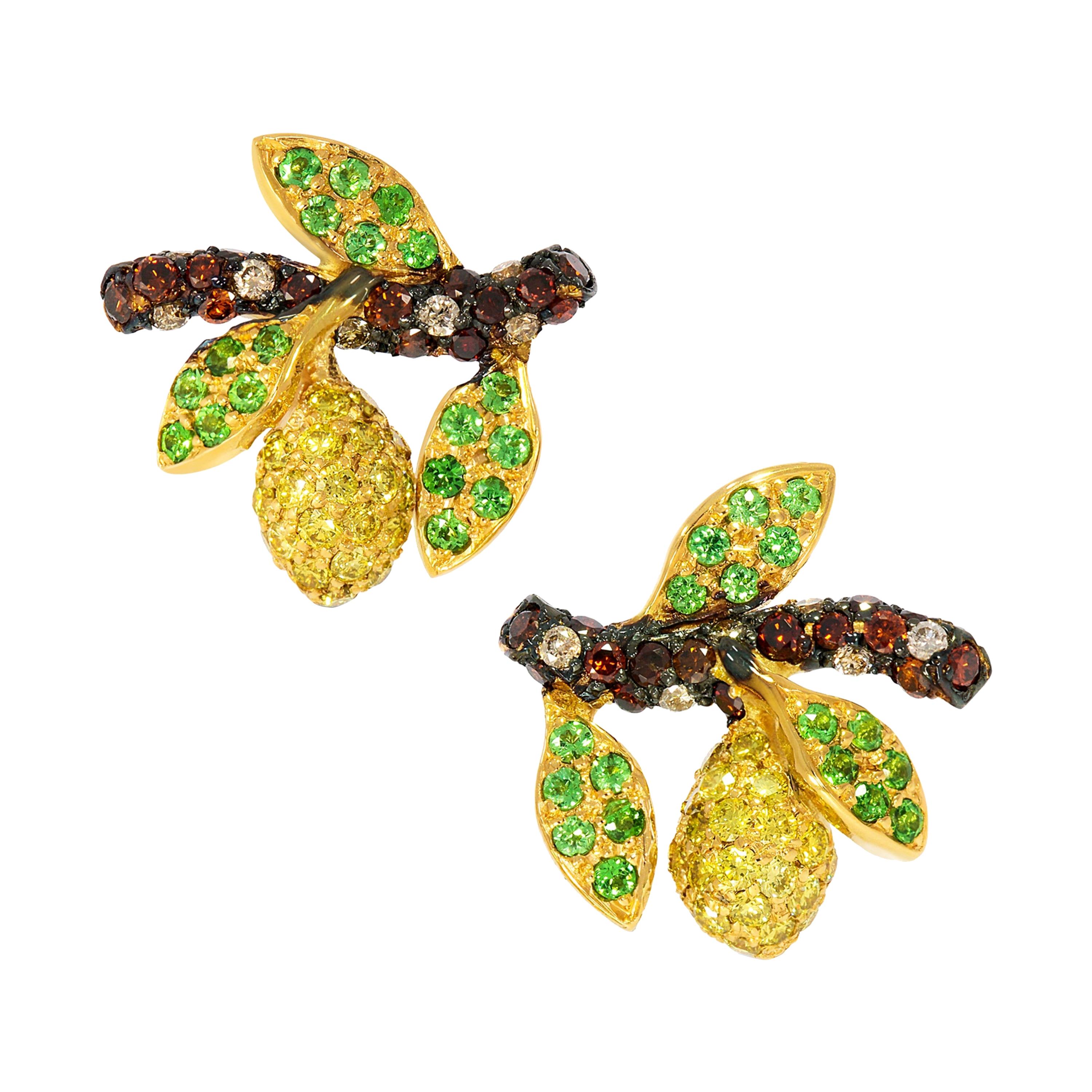 Rosior Diamond and Tsavorite "Lemon Tree" Stud Earrings set in Yellow Gold