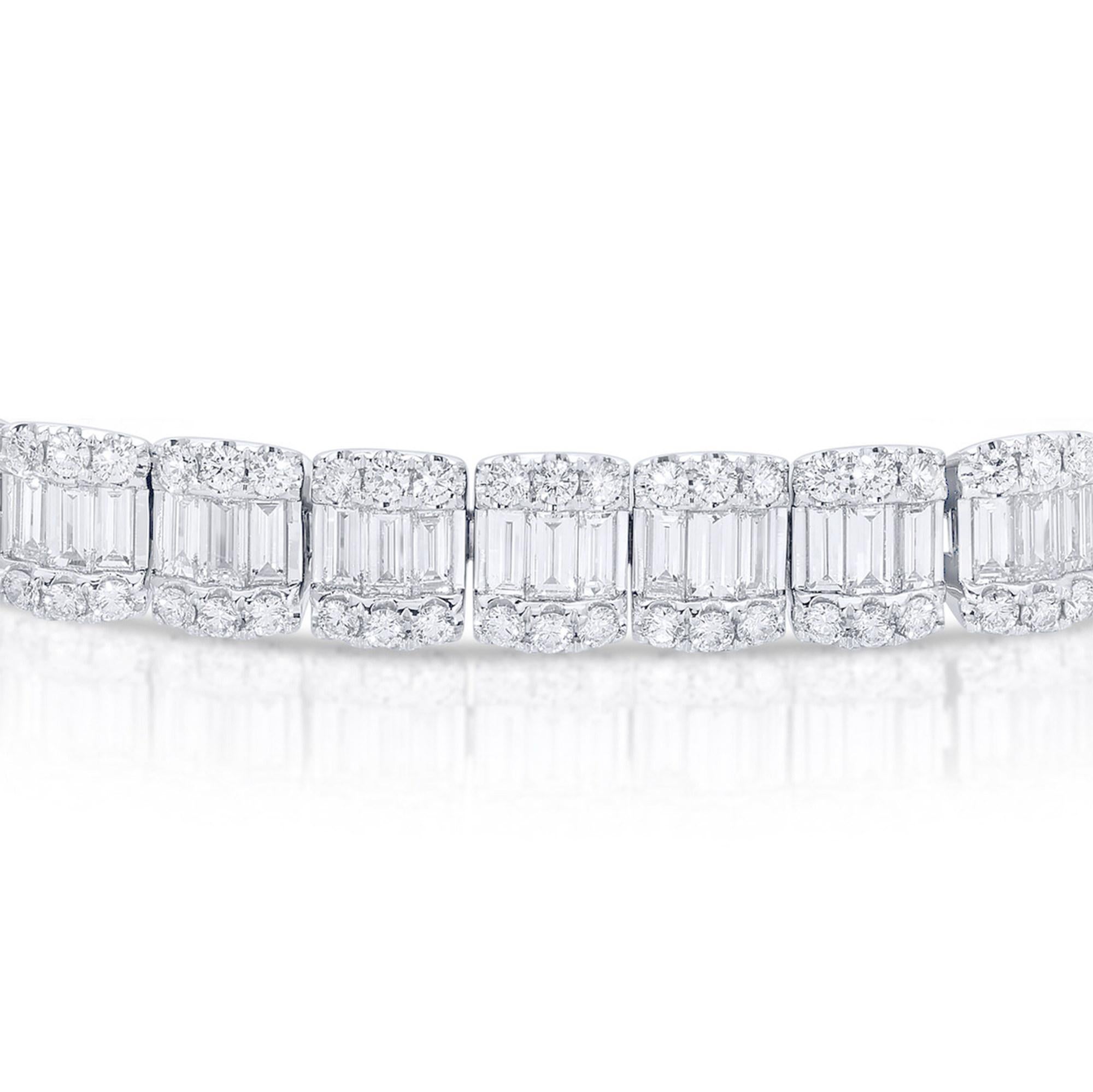 Baguette Cut Contemporary Diamond Bracelet 11.7 Carats Total 18K White Gold For Sale