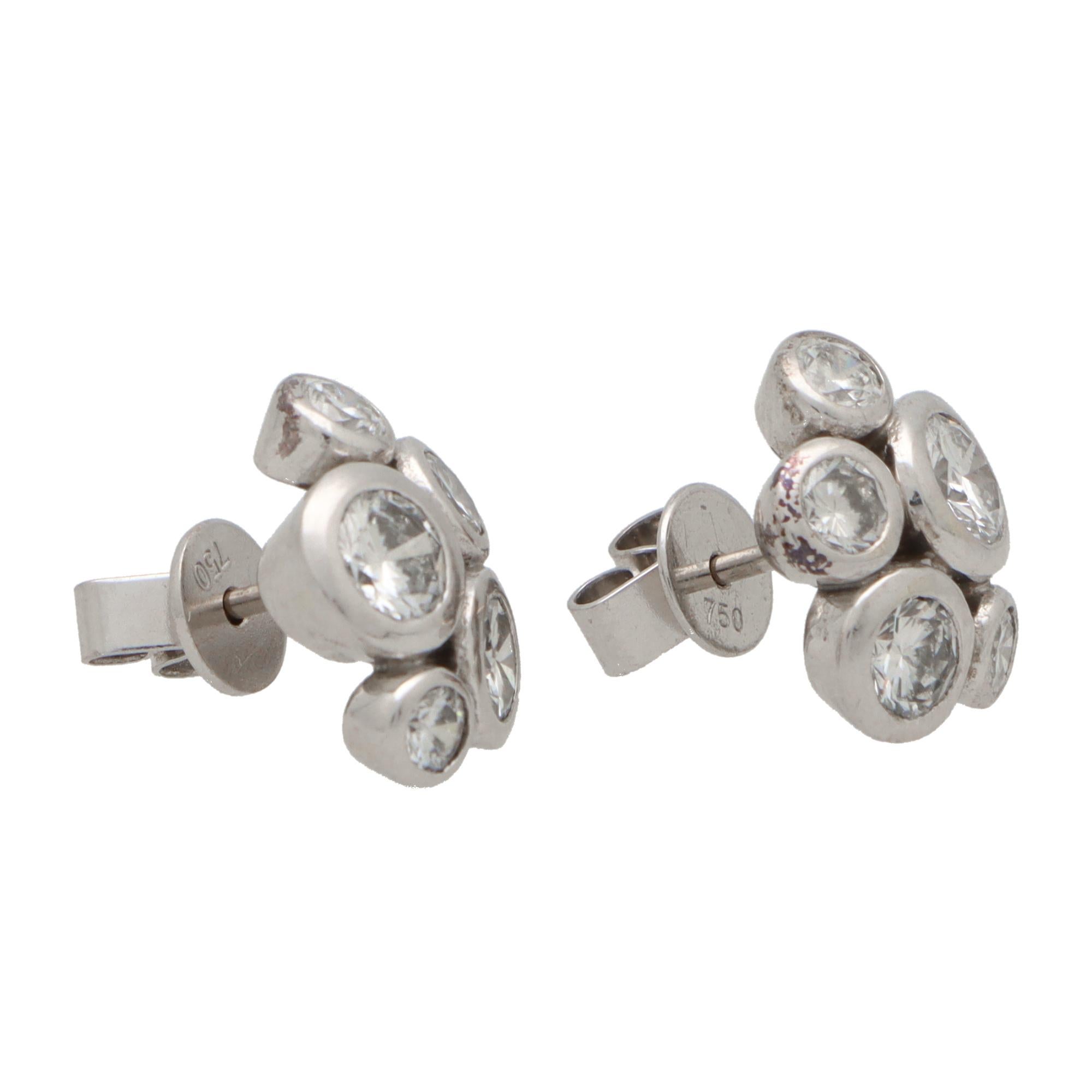 Modern Contemporary Diamond Bubble Cluster Earrings Set in 18k White Gold