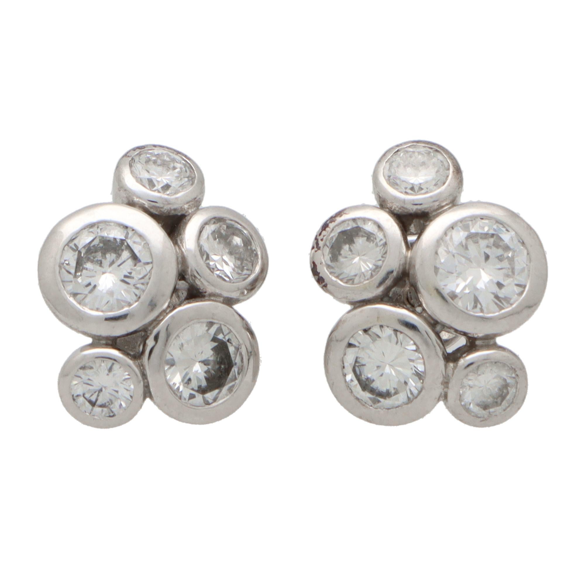 Women's or Men's Contemporary Diamond Bubble Cluster Earrings Set in 18k White Gold