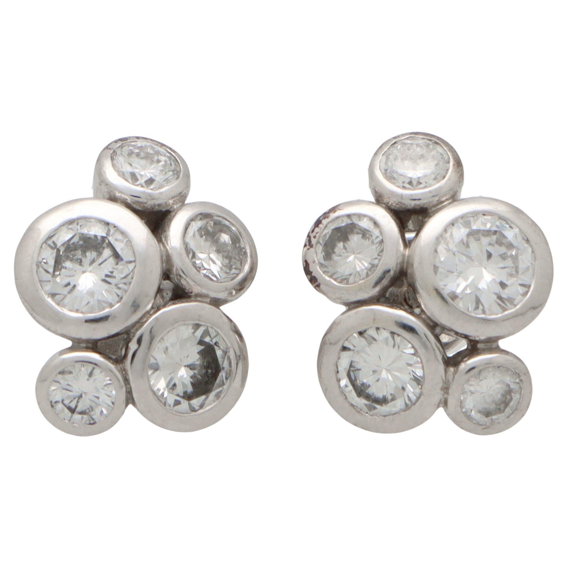 Contemporary Diamond Bubble Cluster Earrings Set in 18k White Gold