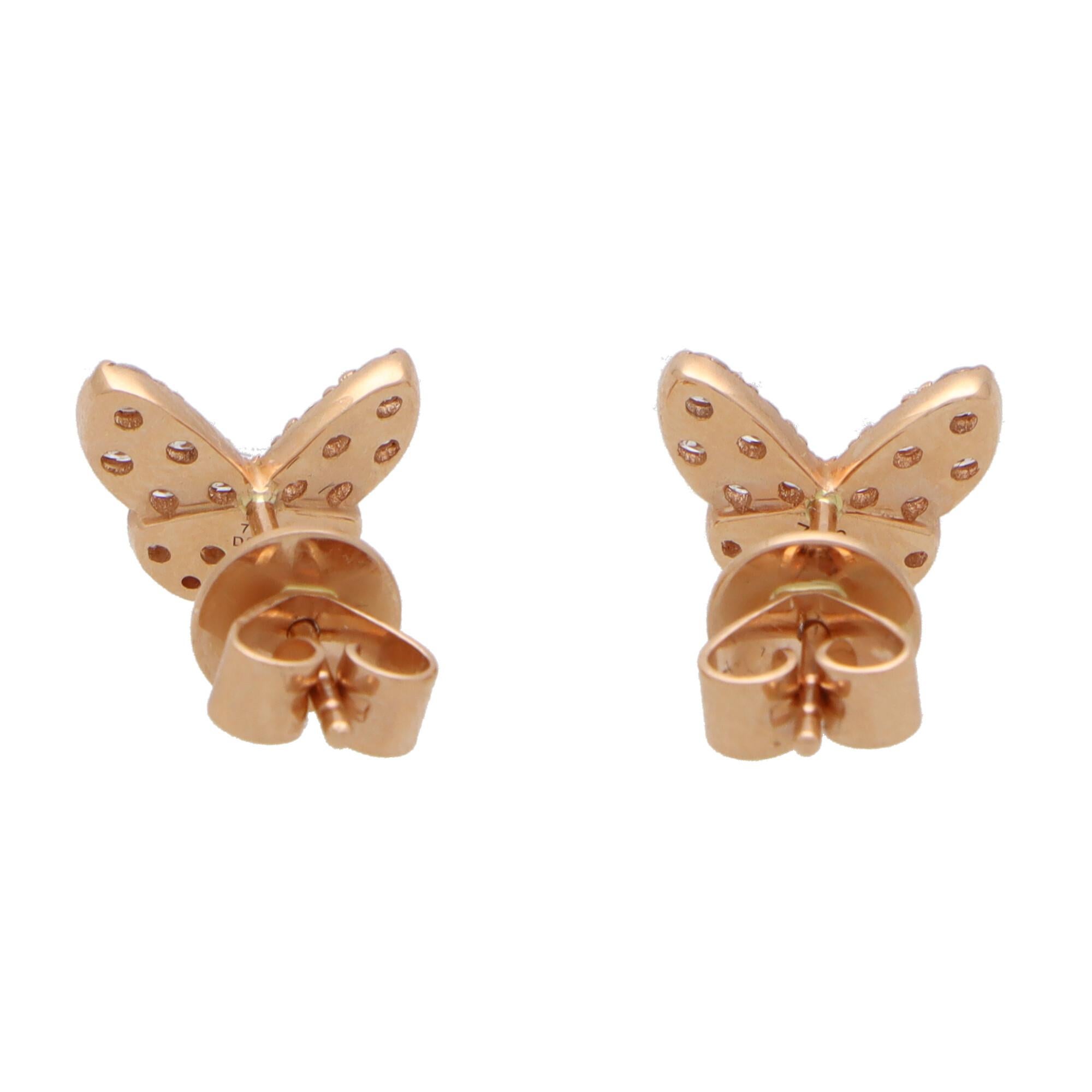 Modern Contemporary Diamond Butterfly Stud Earrings in 18k Rose Gold For Sale
