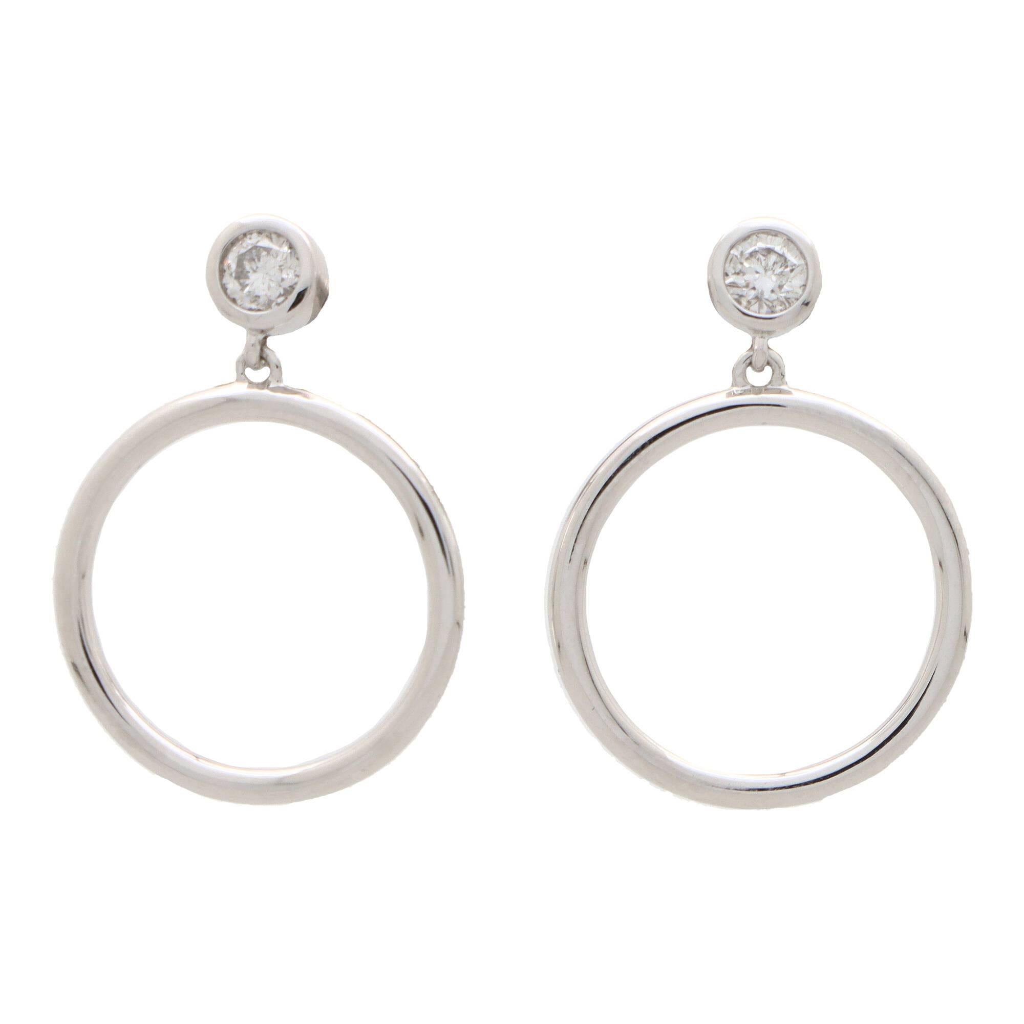 Modern  Contemporary Diamond Circle Drop Earrings Set in 14k White Gold For Sale