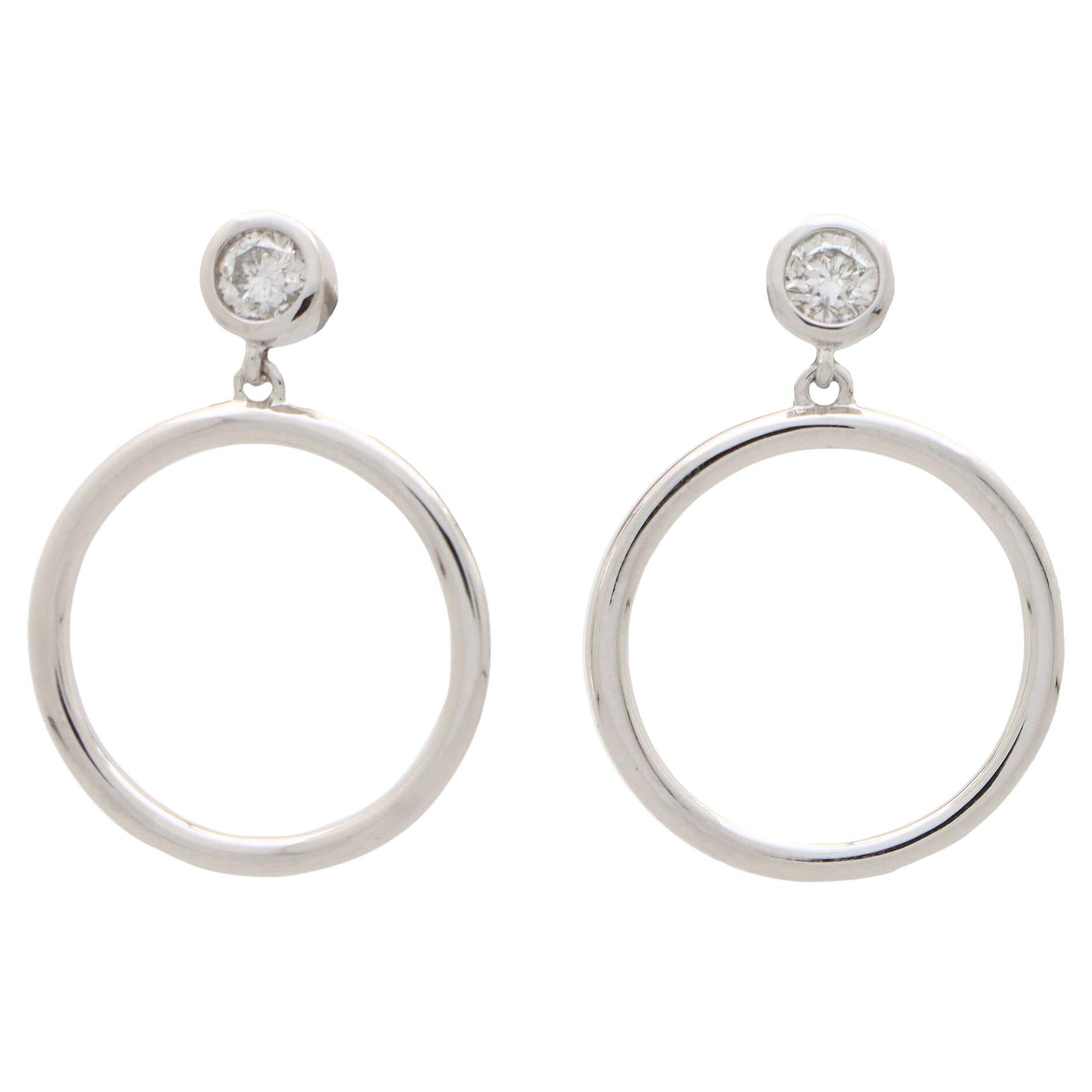  Contemporary Diamond Circle Drop Earrings Set in 14k White Gold For Sale