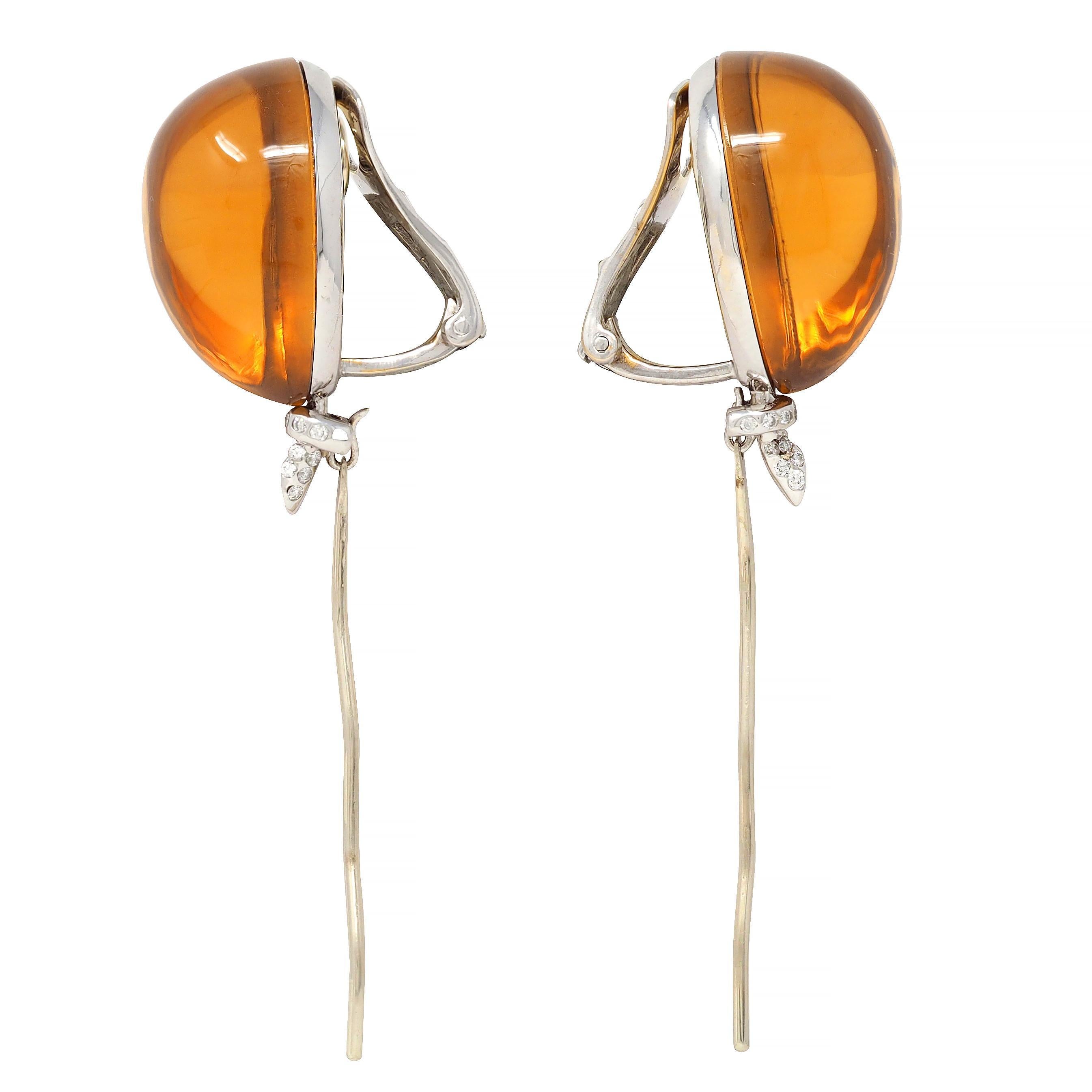 Cabochon Orecchini a palloncino in oro bianco 18 carati con diamante e citrino contemporanei in vendita