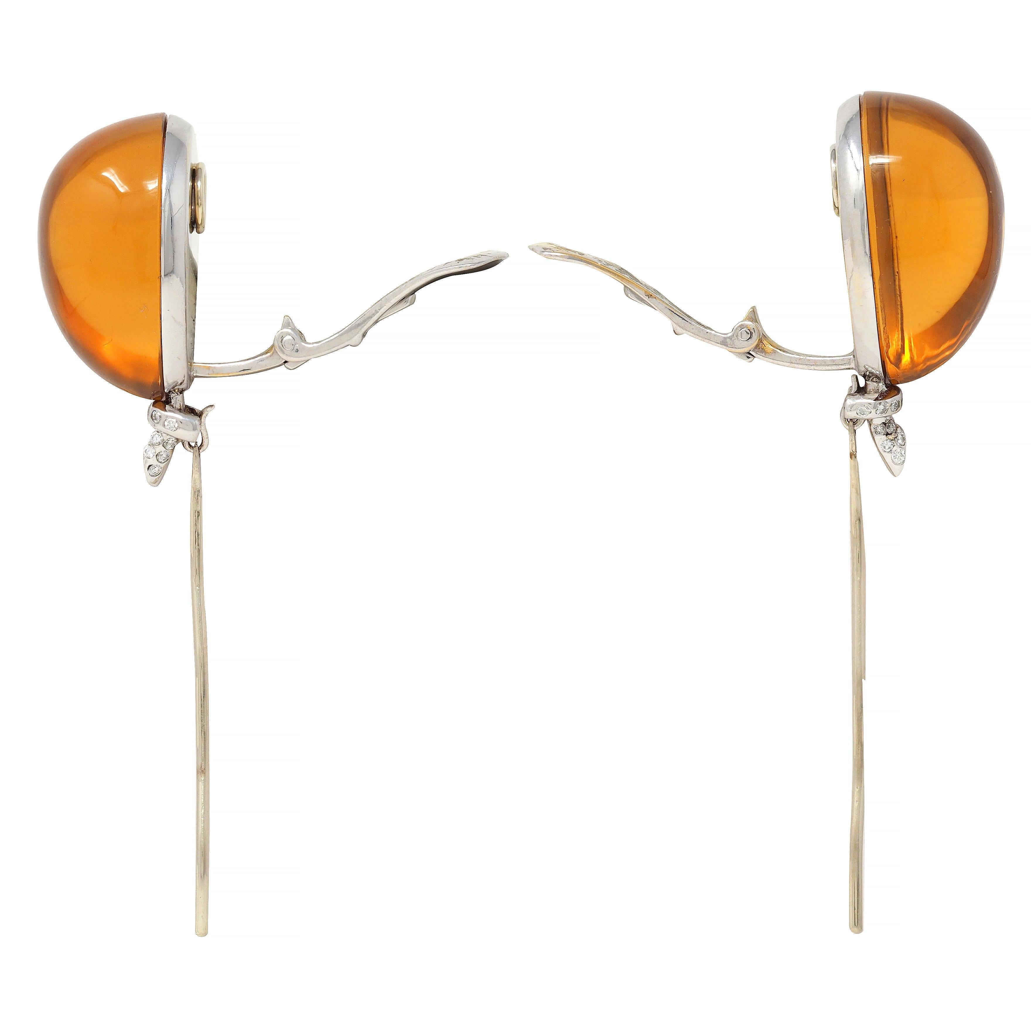 Orecchini a palloncino in oro bianco 18 carati con diamante e citrino contemporanei in vendita 1