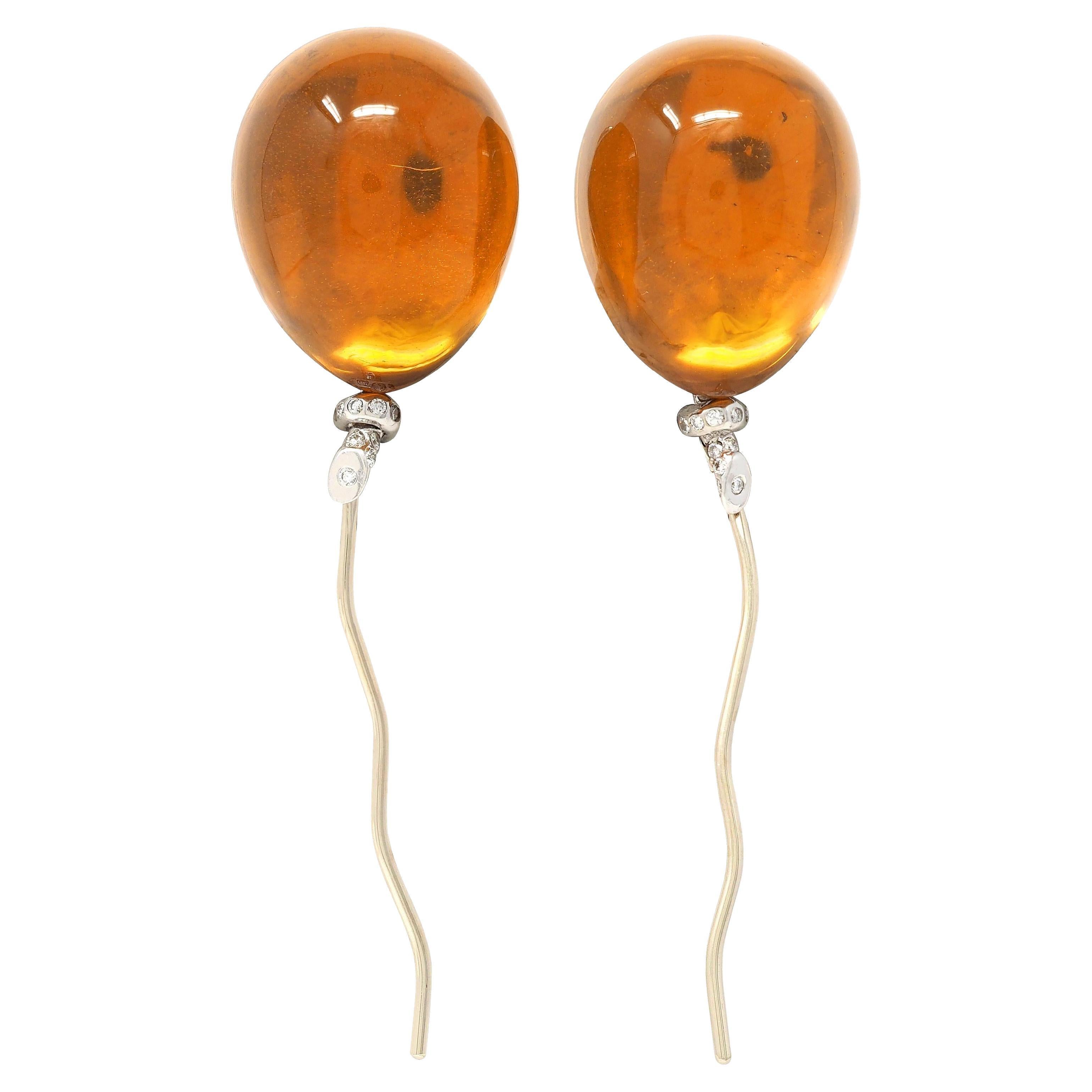 Contemporary Diamond Citrine 18 Karat White Gold Balloon Ear-Clips Earrings