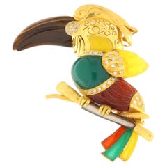 Contemporary Diamond, Cornelian & Green Agate Parrot 18K Gold Statement Brooch