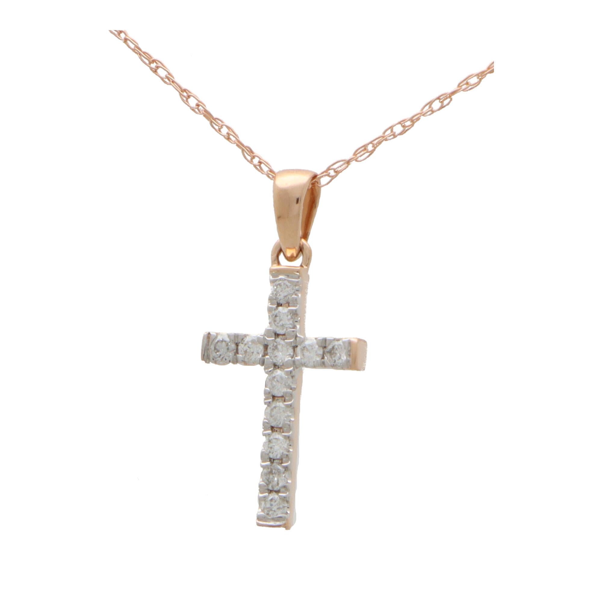 Modern Contemporary Diamond Cross Pendant in 14k Rose and White For Sale