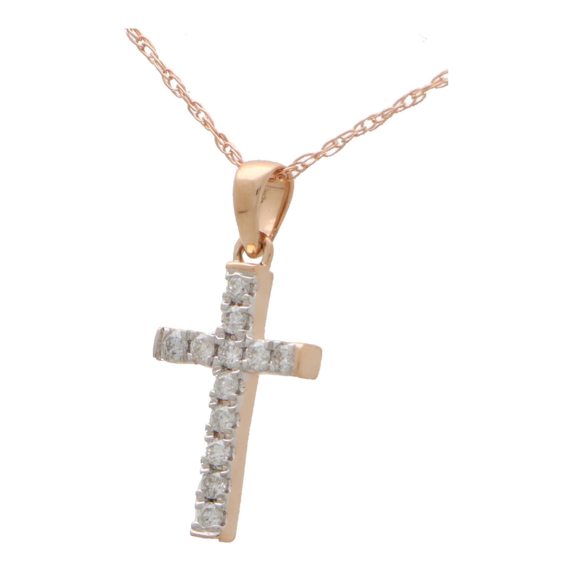 Round Cut Contemporary Diamond Cross Pendant in 14k Rose and White For Sale