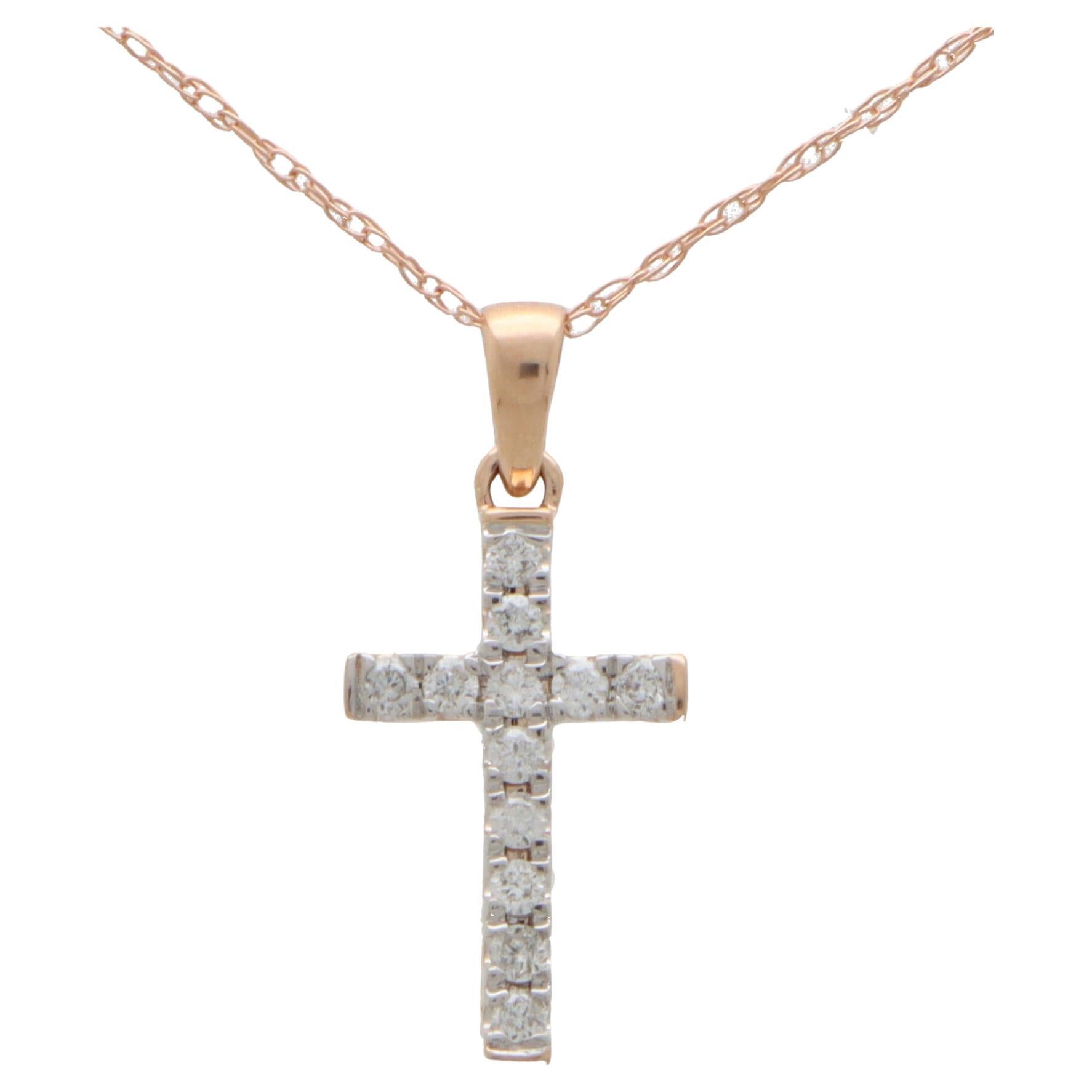 Contemporary Diamond Cross Pendant in 14k Rose and White For Sale