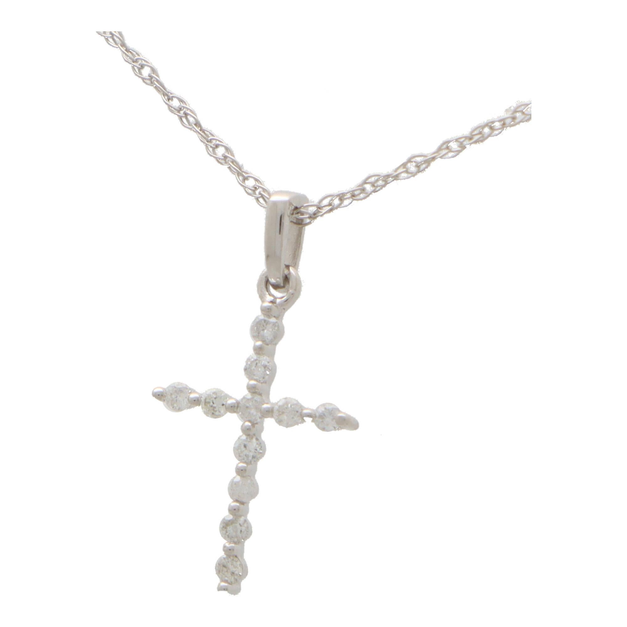 Modern Contemporary Diamond Cross Pendant Necklace in 14k White Gold For Sale