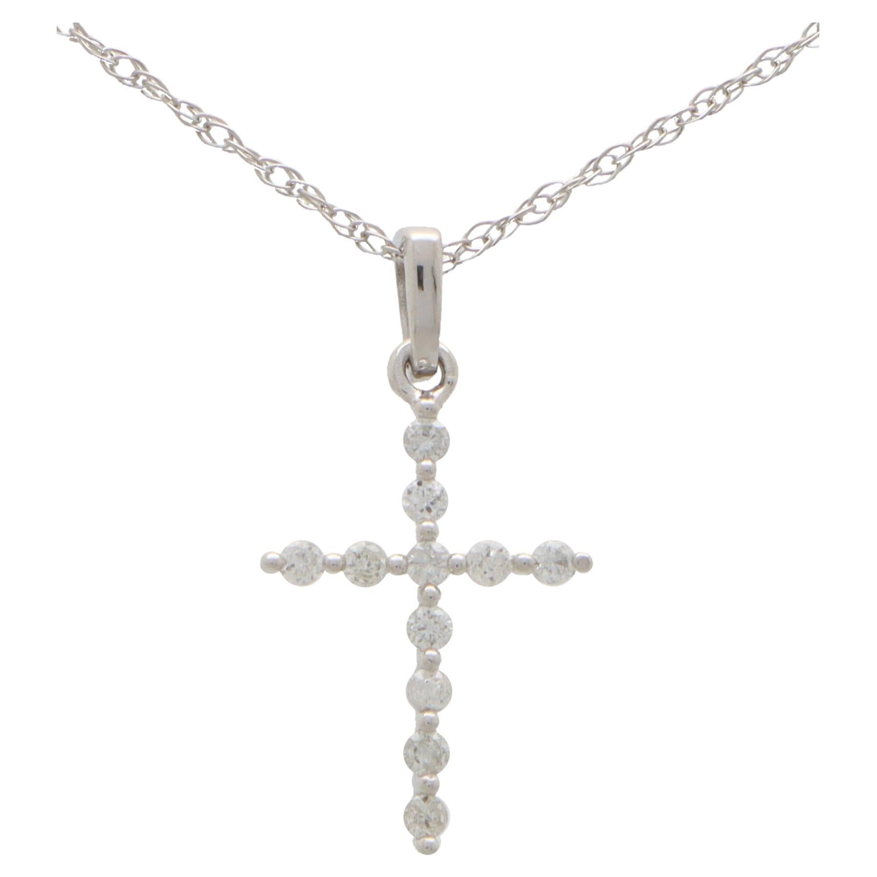 Contemporary Diamond Cross Pendant Necklace in 14k White Gold For Sale