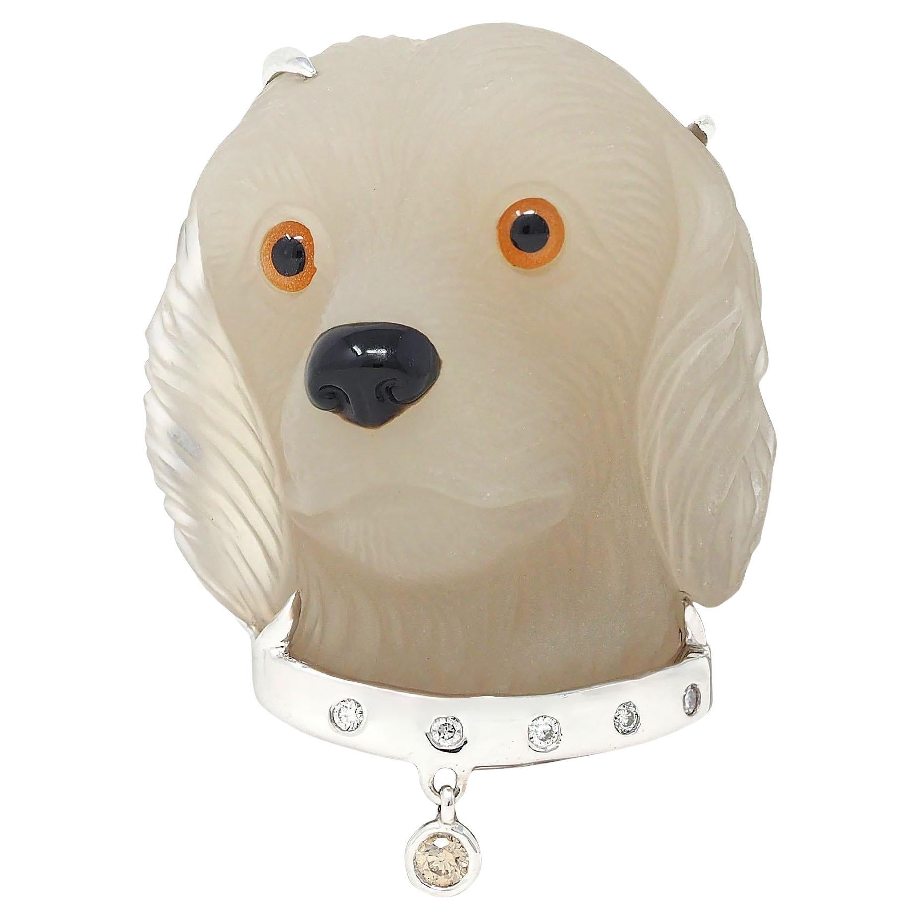 Contemporary Diamond Crystal Quartz 18 Karat White Gold Labrador Dog Brooch