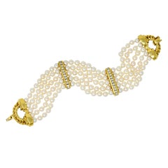 Vintage Contemporary Diamond Cultured Pearl 18 Karat Gold Five-Strand Bracelet