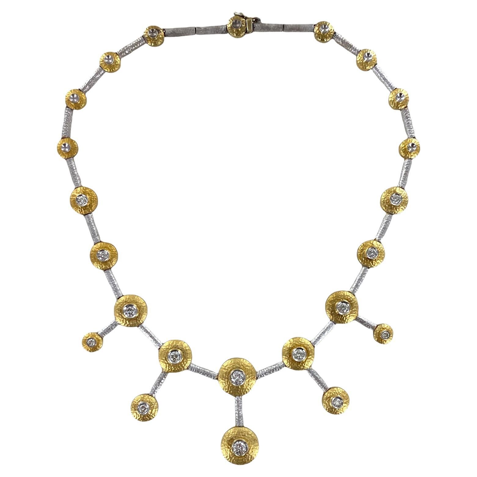 Contemporary Diamond Drop 18 Karat Two Tone Hammered Gold Choker Necklace