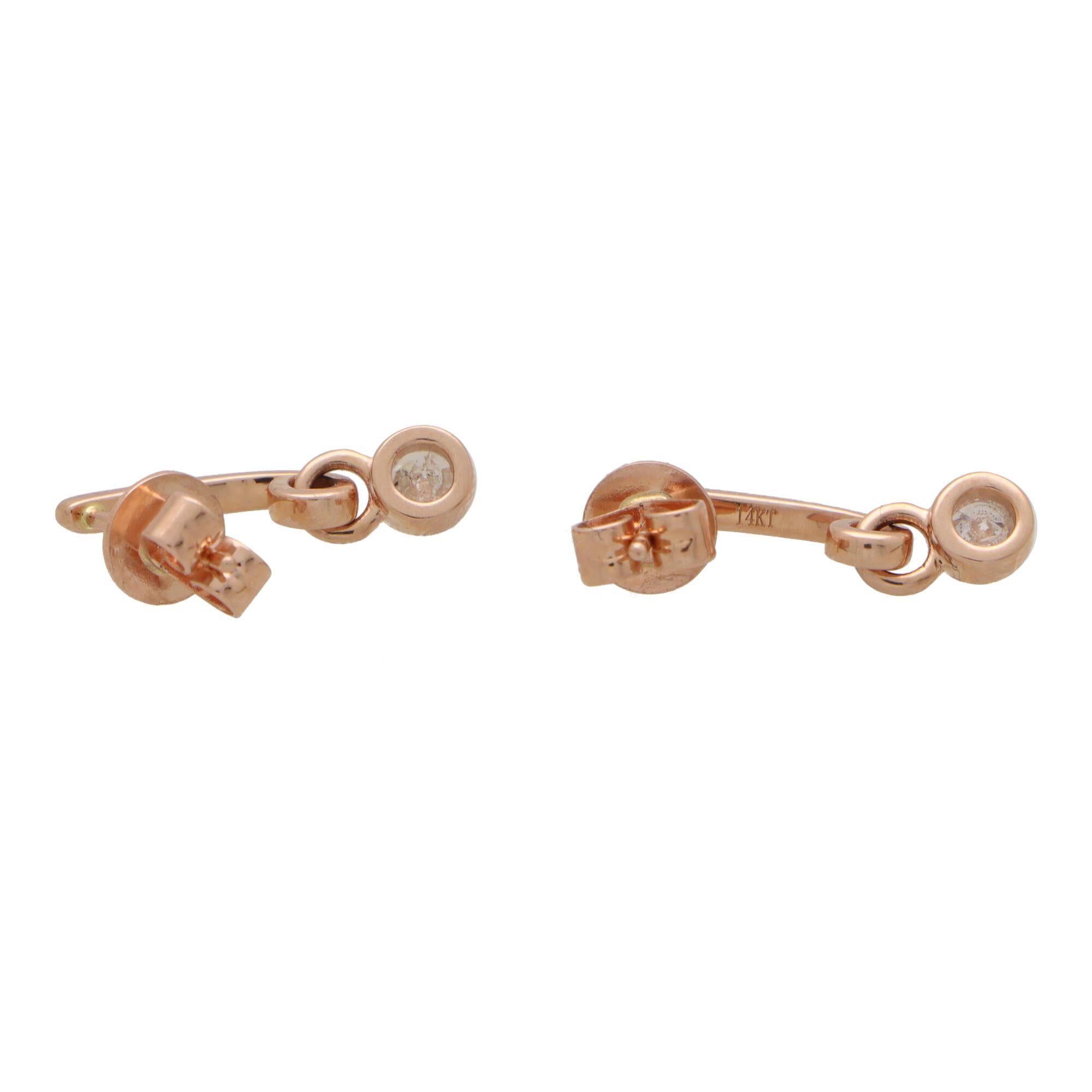 Modern Contemporary Diamond Drop Half Hoop Earrings in 14k Rose Gold For Sale