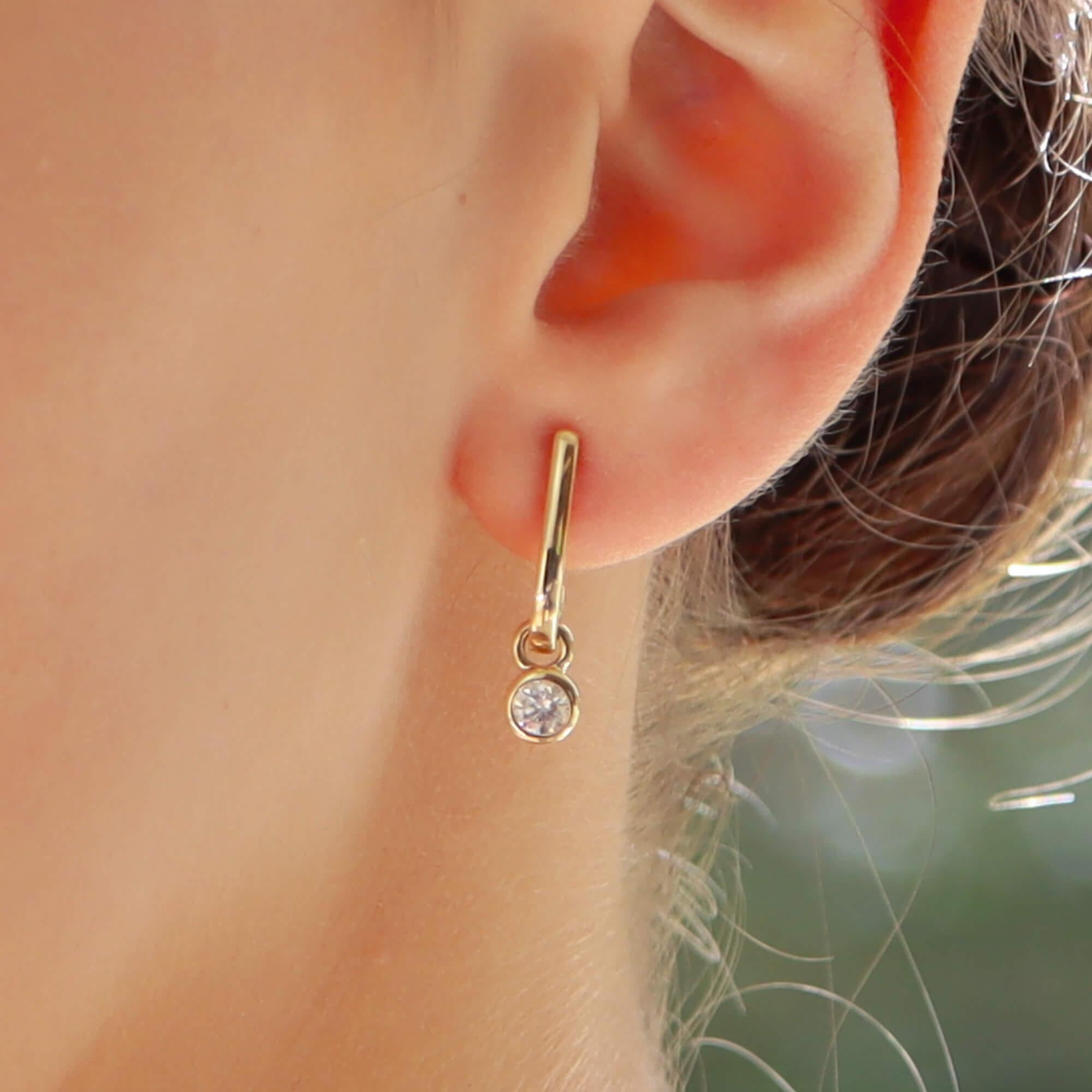 Modern Contemporary Diamond Drop Half Hoop Earrings Set in 14k Yellow Gold For Sale