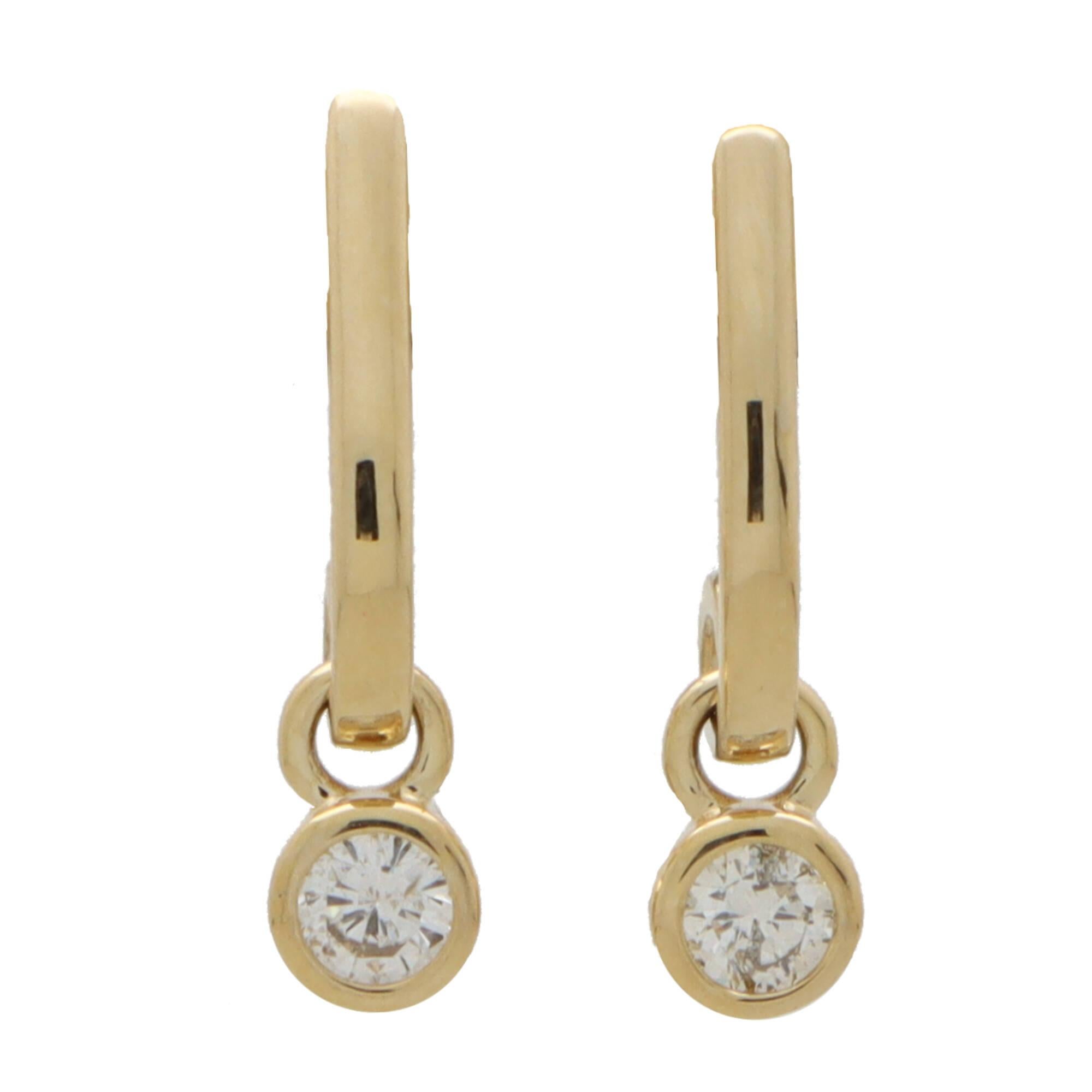 Round Cut Contemporary Diamond Drop Half Hoop Earrings Set in 14k Yellow Gold For Sale