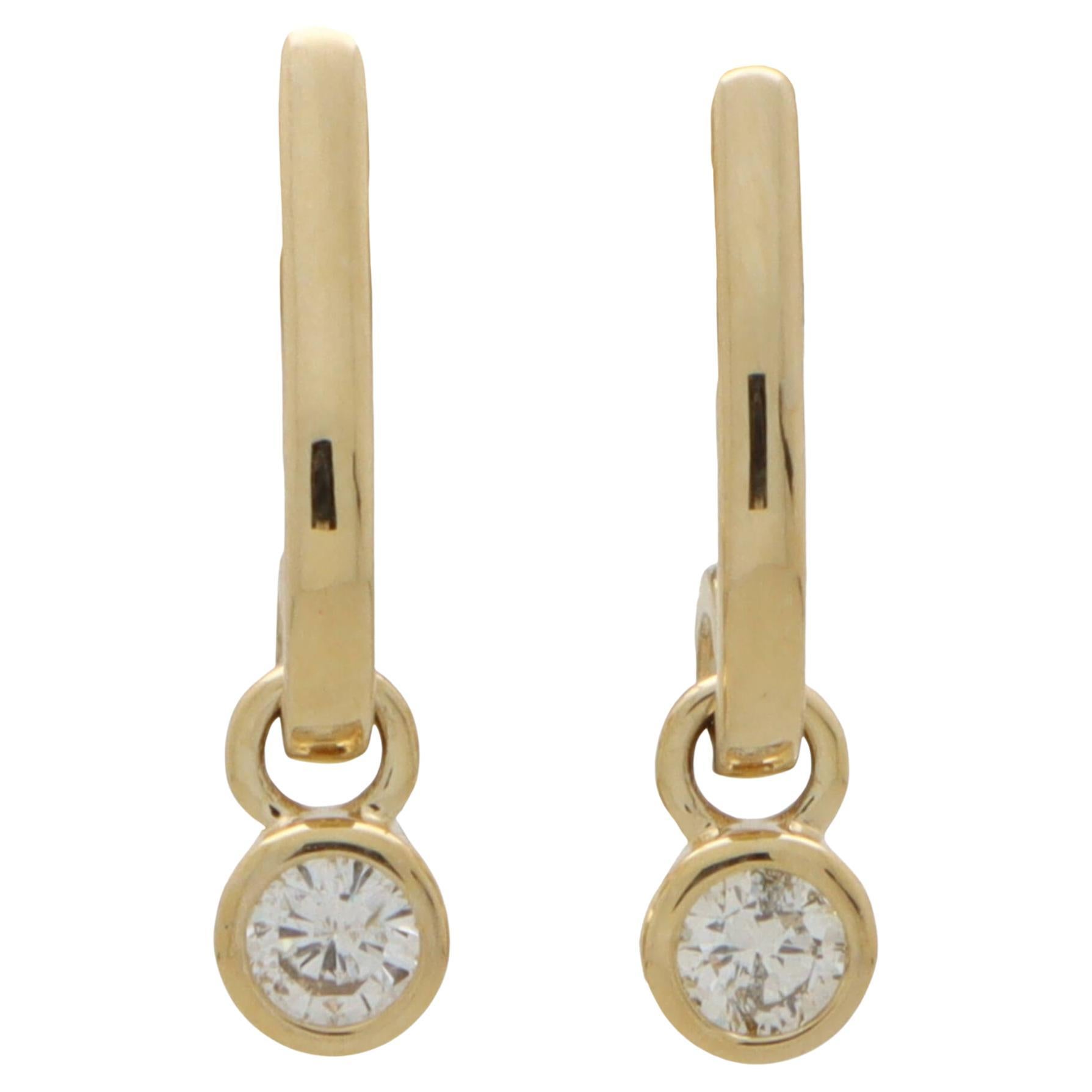Contemporary Diamond Drop Half Hoop Earrings Set in 14k Yellow Gold
