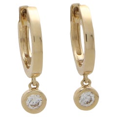 Contemporary Diamond Drop Hoop Earrings Set in 14k Yellow Gold