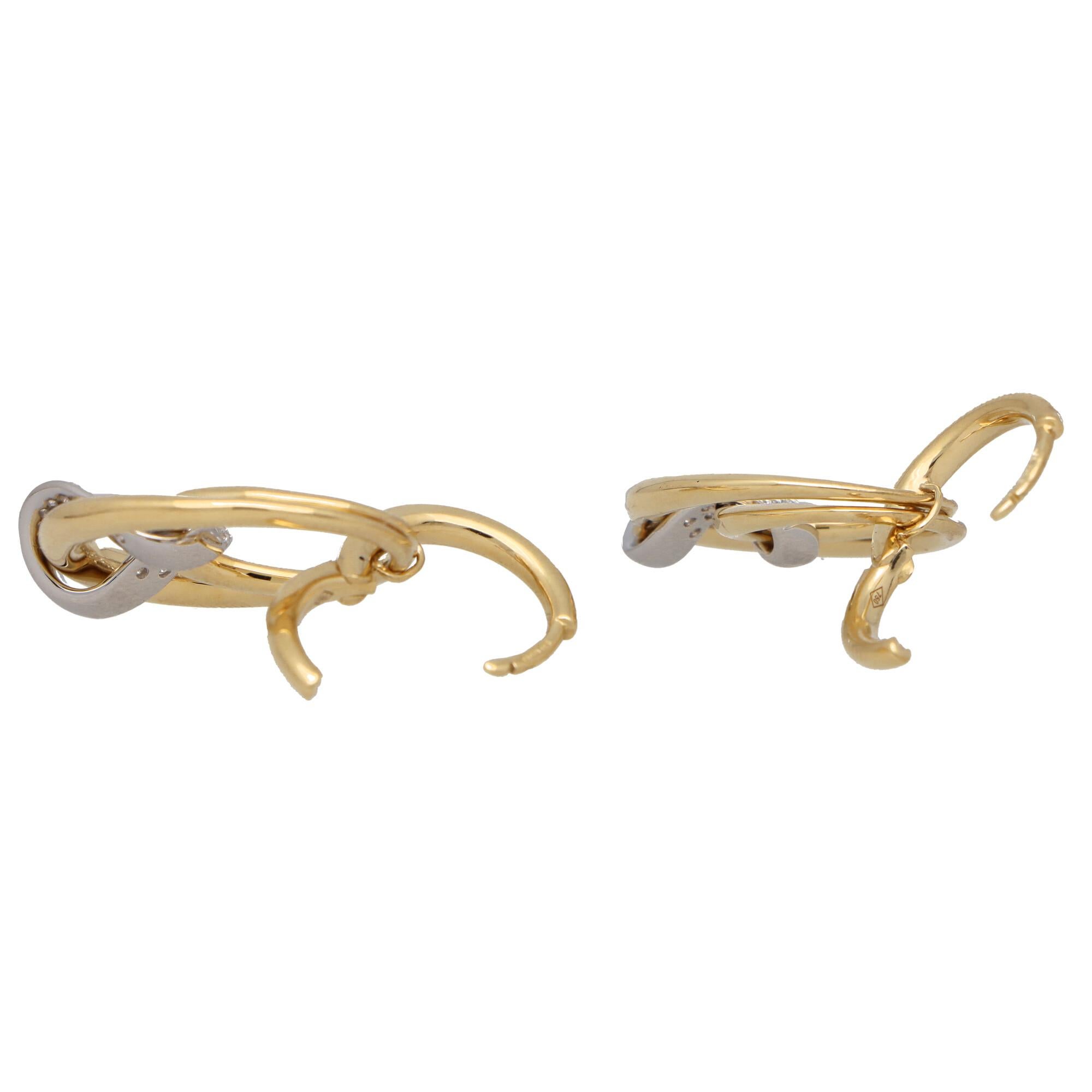 Round Cut Contemporary Diamond Drop Hoop Earrings Set in 18k Yellow Gold