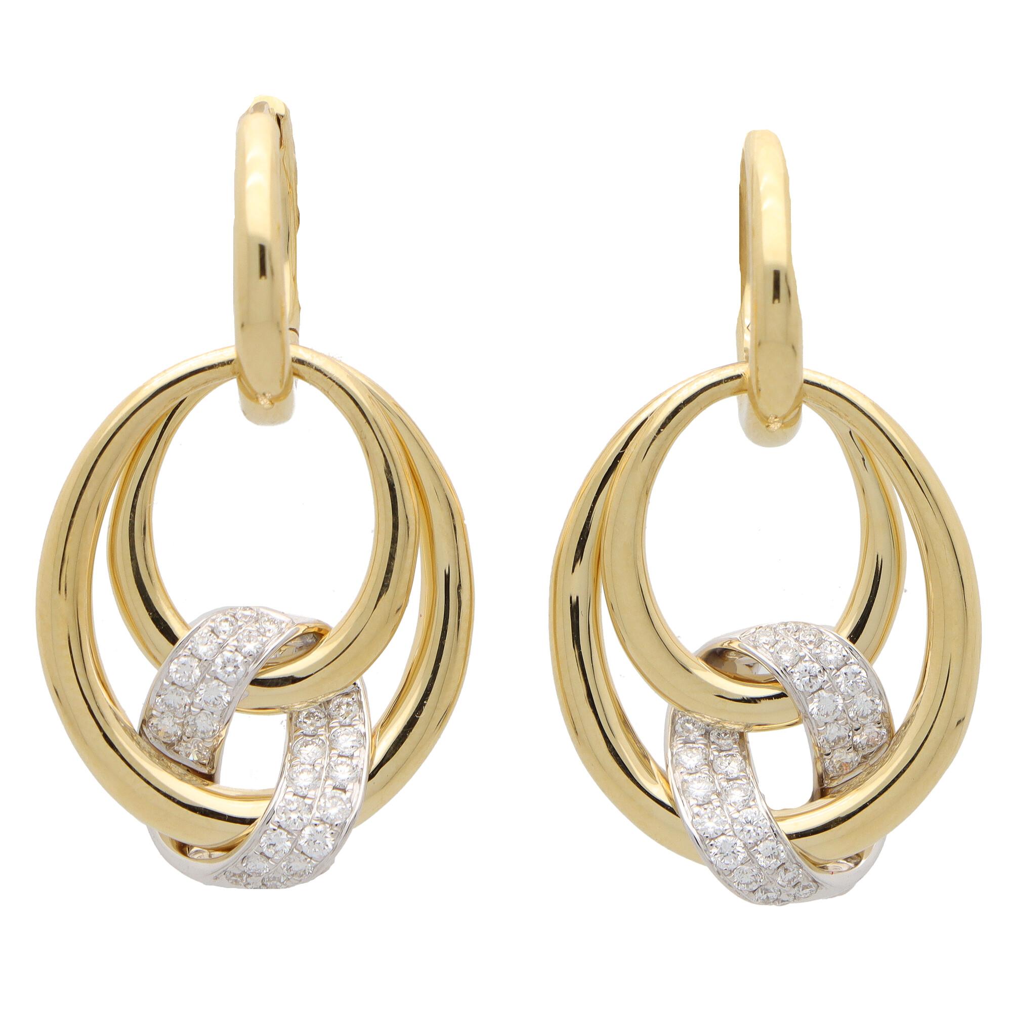 Contemporary Diamond Drop Hoop Earrings Set in 18k Yellow Gold In Good Condition In London, GB