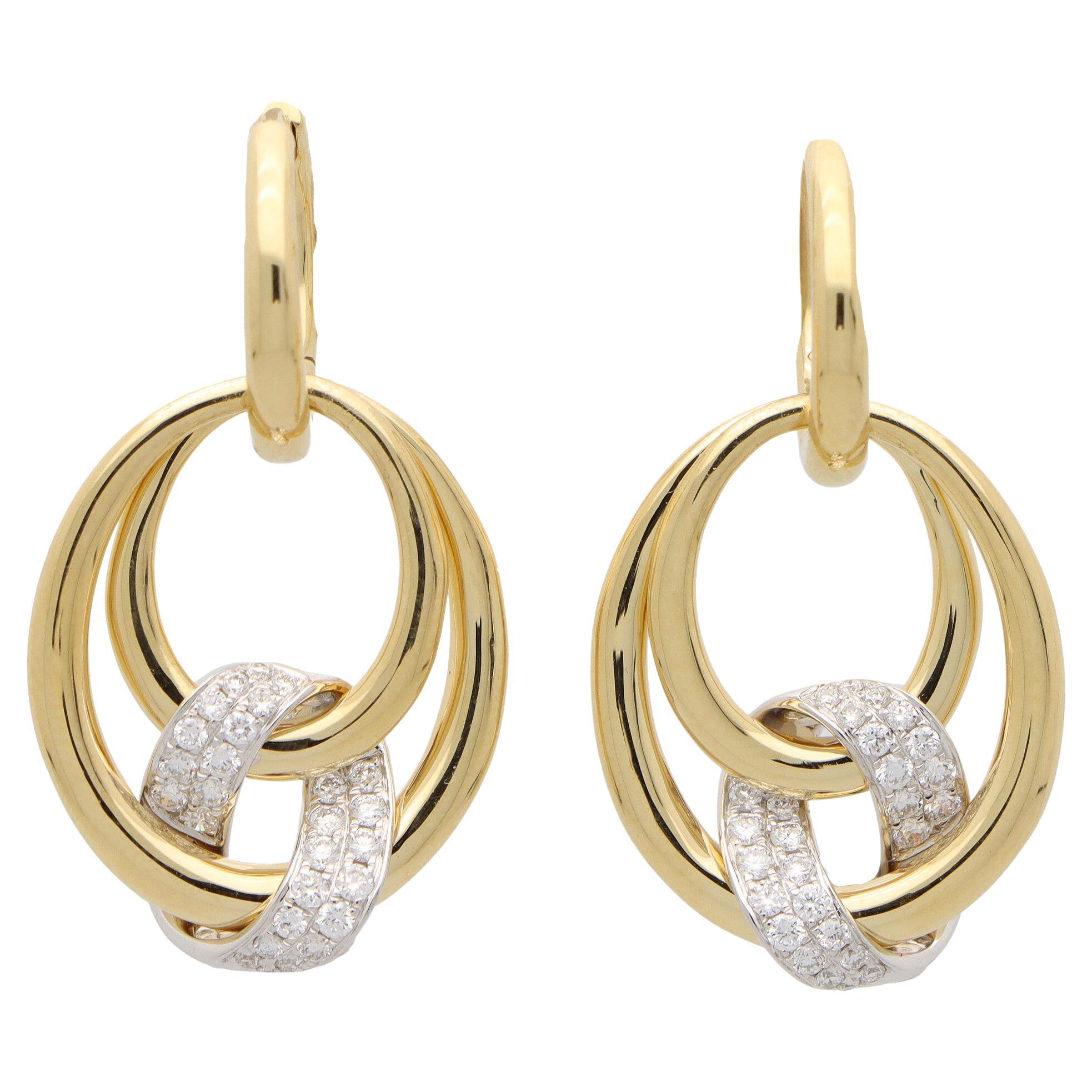 Contemporary Diamond Drop Hoop Earrings Set in 18k Yellow Gold