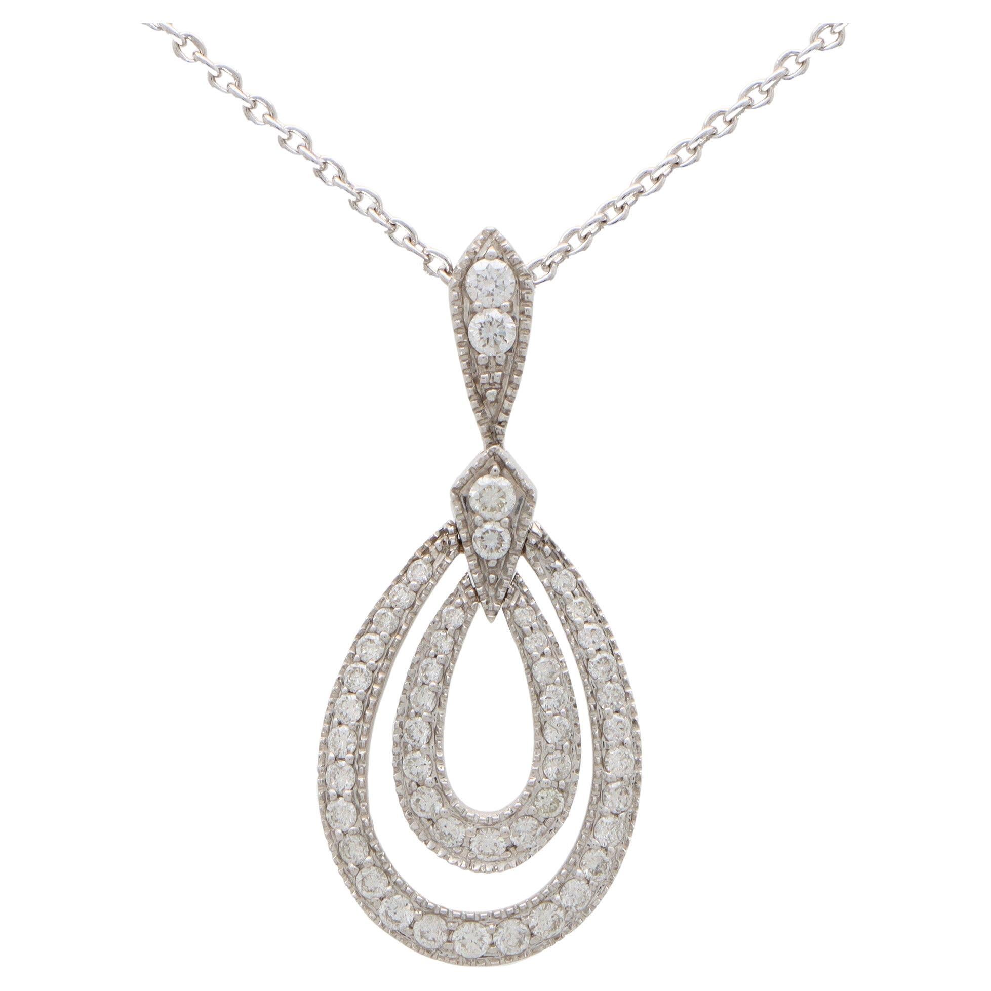Diamond Trinity Pendant Necklace Set in 18 Karat White Gold For Sale at
