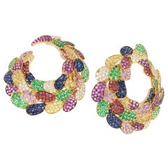 Contemporary Diamond, Emerald and Sapphire "Hoop" Earrings in Yellow Gold