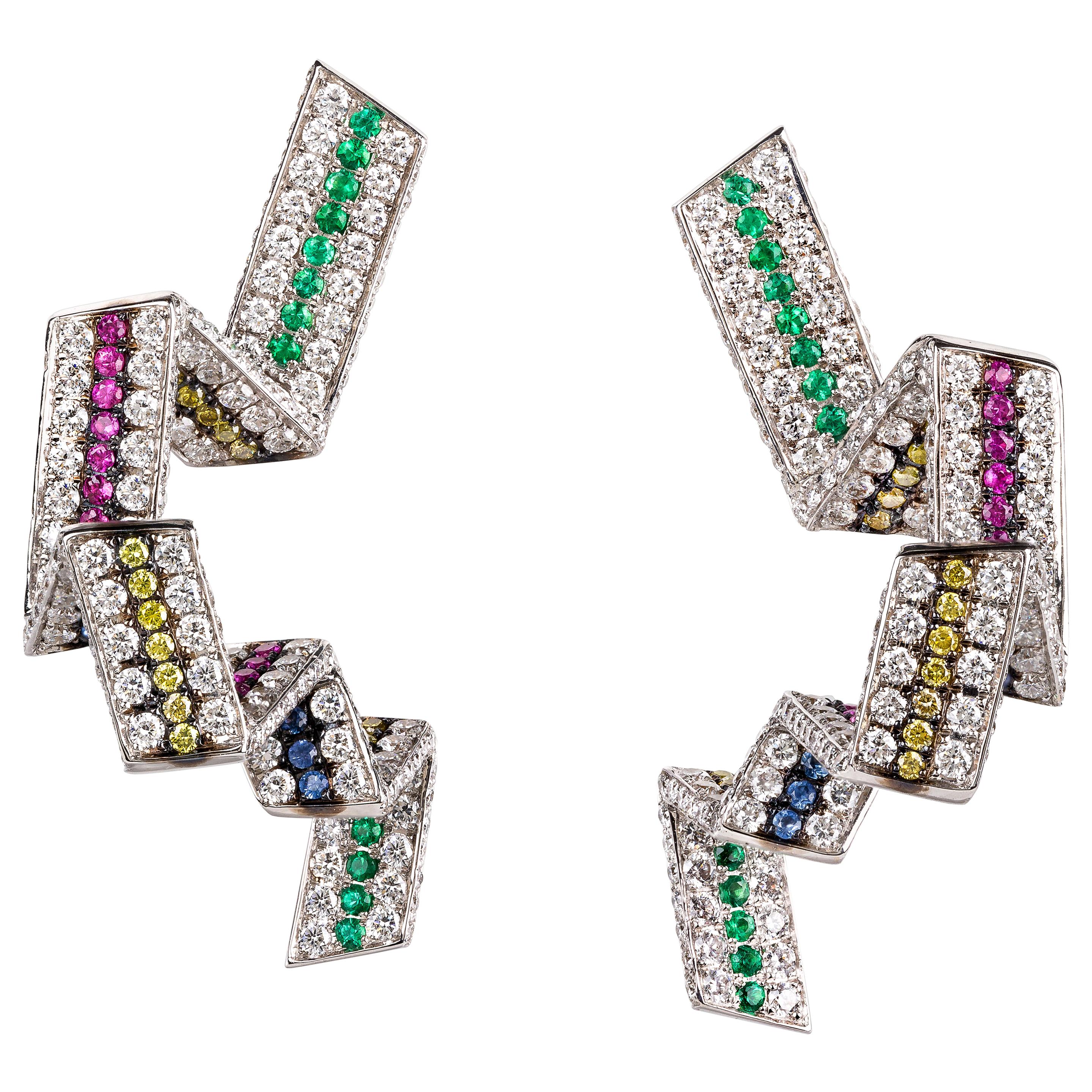 Rosior one-off Diamond, Emerald and Sapphire Dangle Earrings set in White Gold