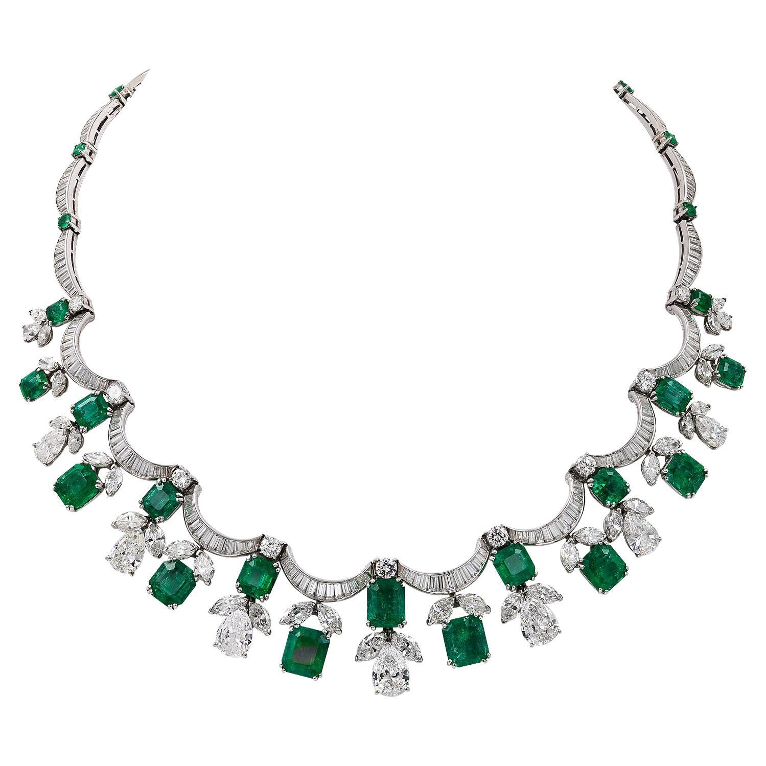 Contemporary Diamond Emerald Fringe Festoon Bib Necklace For Sale