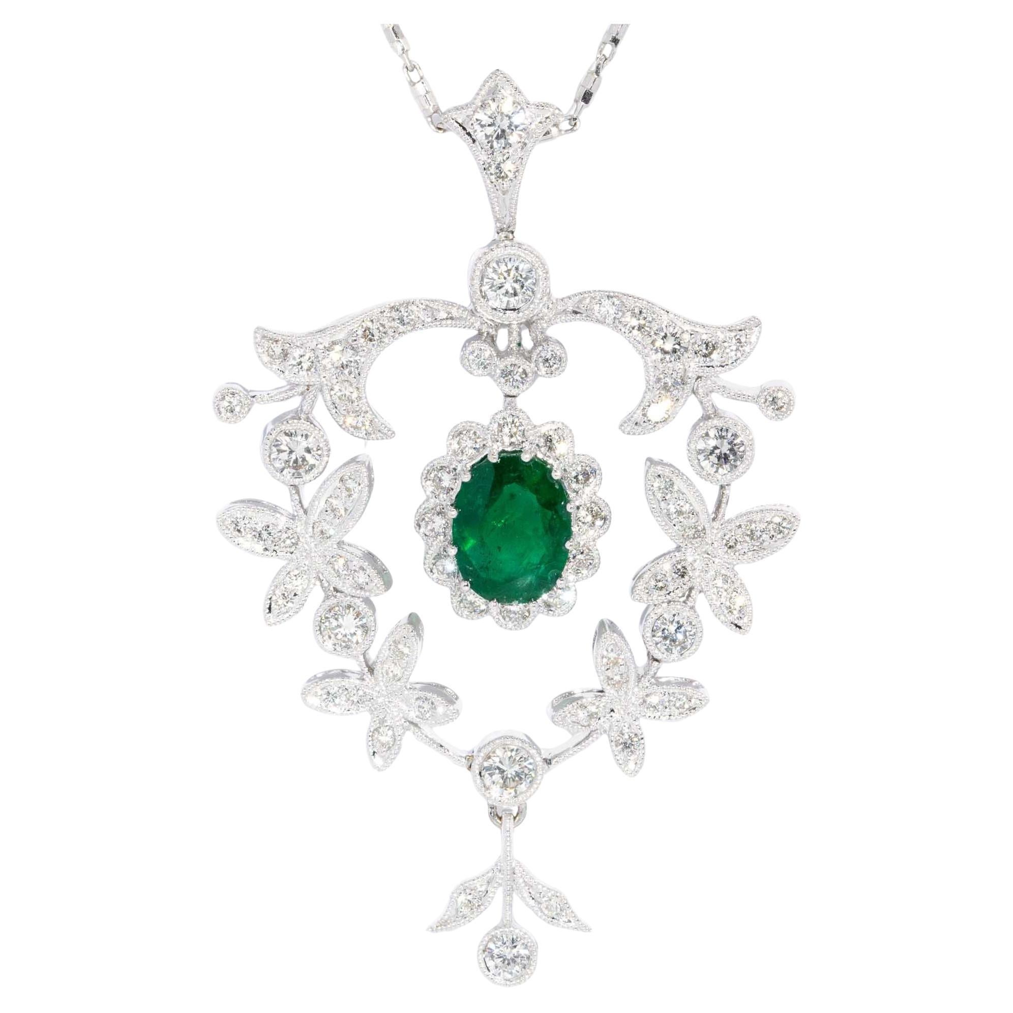 Contemporary Diamond Emerald Pendant & Chain 18 Carat White Gold