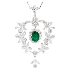 Contemporary Diamond Emerald Pendant & Chain 18 Carat White Gold