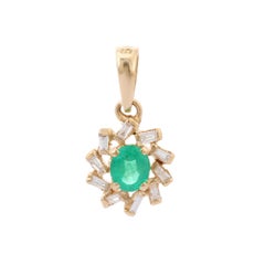 Contemporary Diamond Emerald Pendant Necklace in 14K Solid Yellow Gold