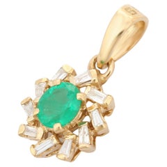 Contemporary Diamond Emerald Pendant Necklace in 14K Solid Yellow Gold